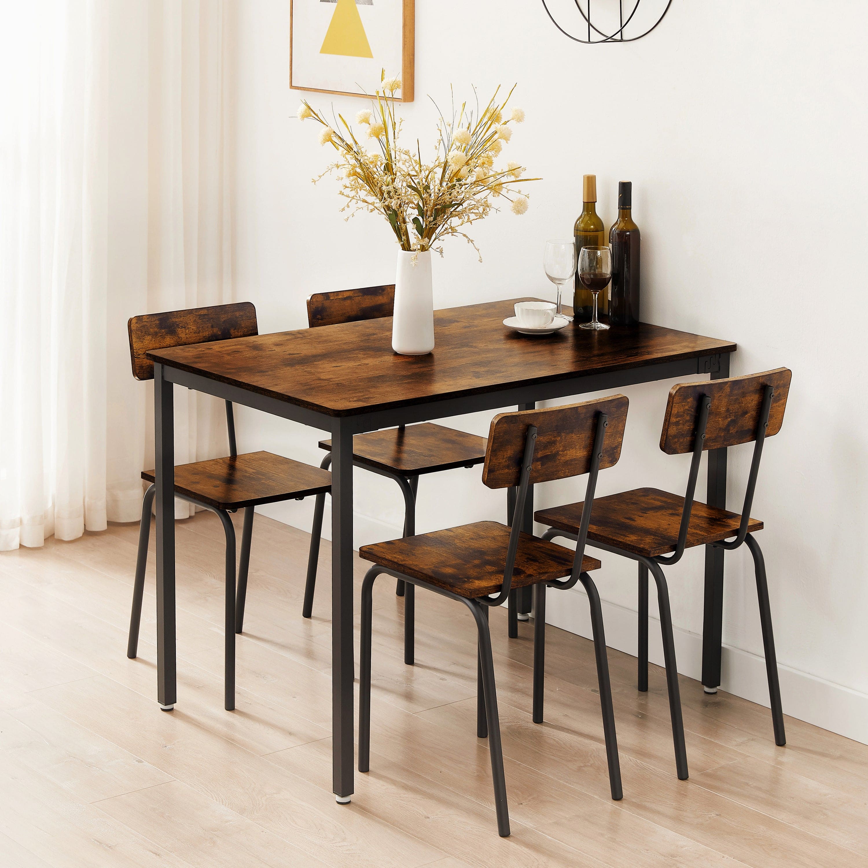 Dining Table Set 5-Piece Dining Chair with Backrest, Industrial style, Sturdy construction. Rustic Brown, 43.31'' L x 27.56'' W x 30.32'' H.