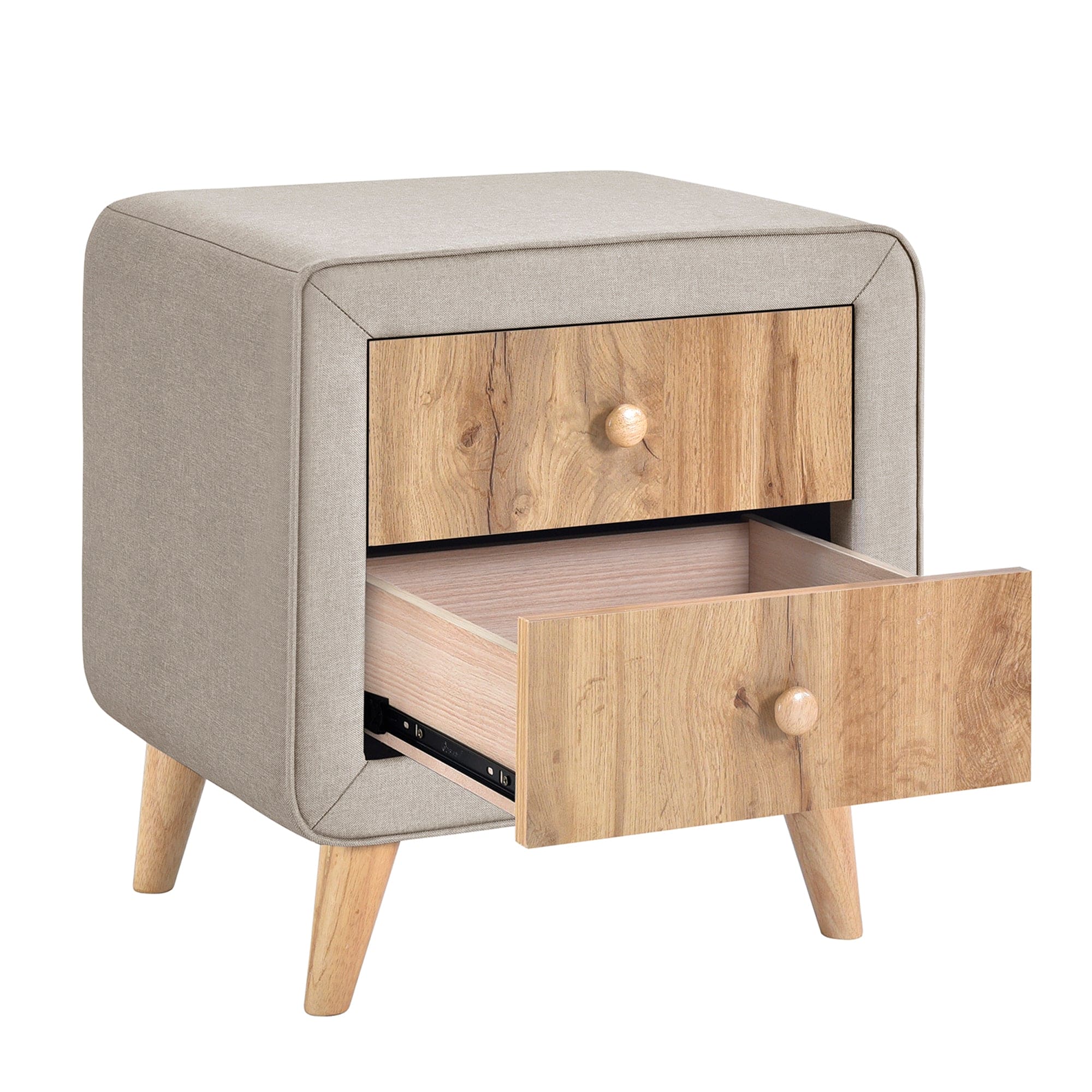 Upholstered Wooden Nightstand with 2 Drawers,Fully Assembled Except Legs and Handles,Bedside Table with Rubber Wood Leg-Beige