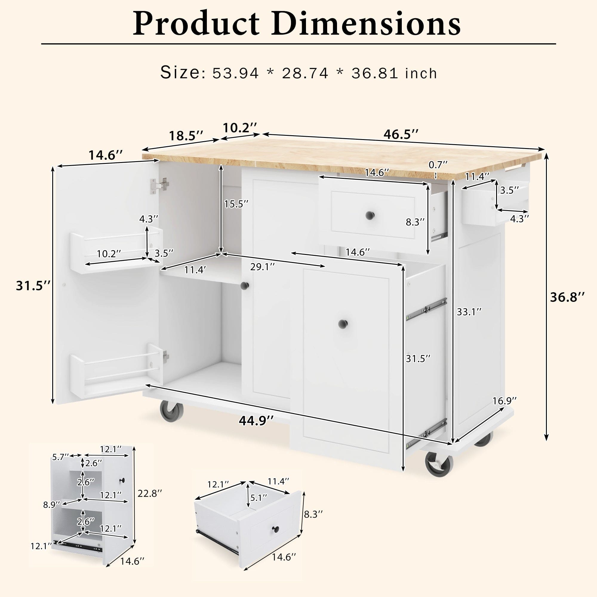 Kitchen Island with Drop Leaf, 53.9" Width Rolling Kitchen Cart on Wheels with Internal Storage Rack and 3 Tier Pull Out Cabinet Organizer, Kitchen Storage Cart with Spice Rack, Towel Rack (White)