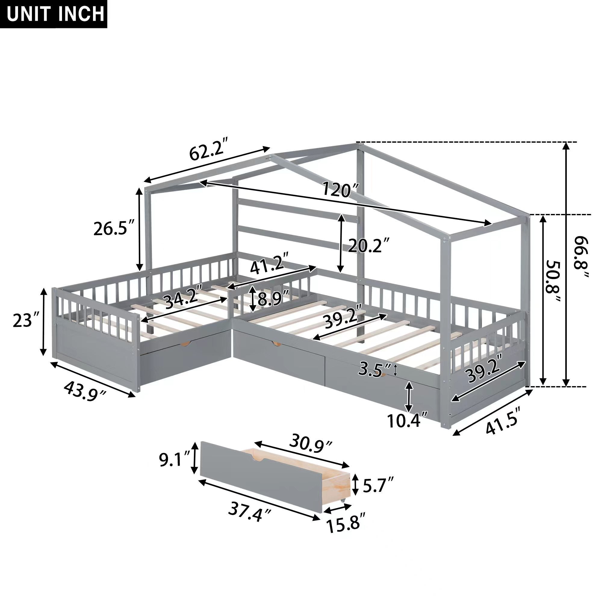 Twin Size House Platform Bed with Three Storage Drawers,Gray