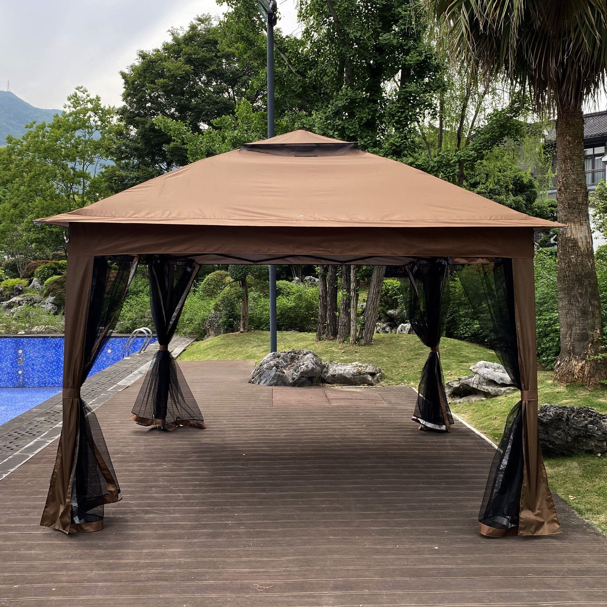 Outdoor 11x 11Ft Pop Up Gazebo Canopy With Removable Zipper Netting,2-Tier Soft Top Event Tent,Suitable For Patio Backyard Garden Camping Area with 4 Sandbags,Brown