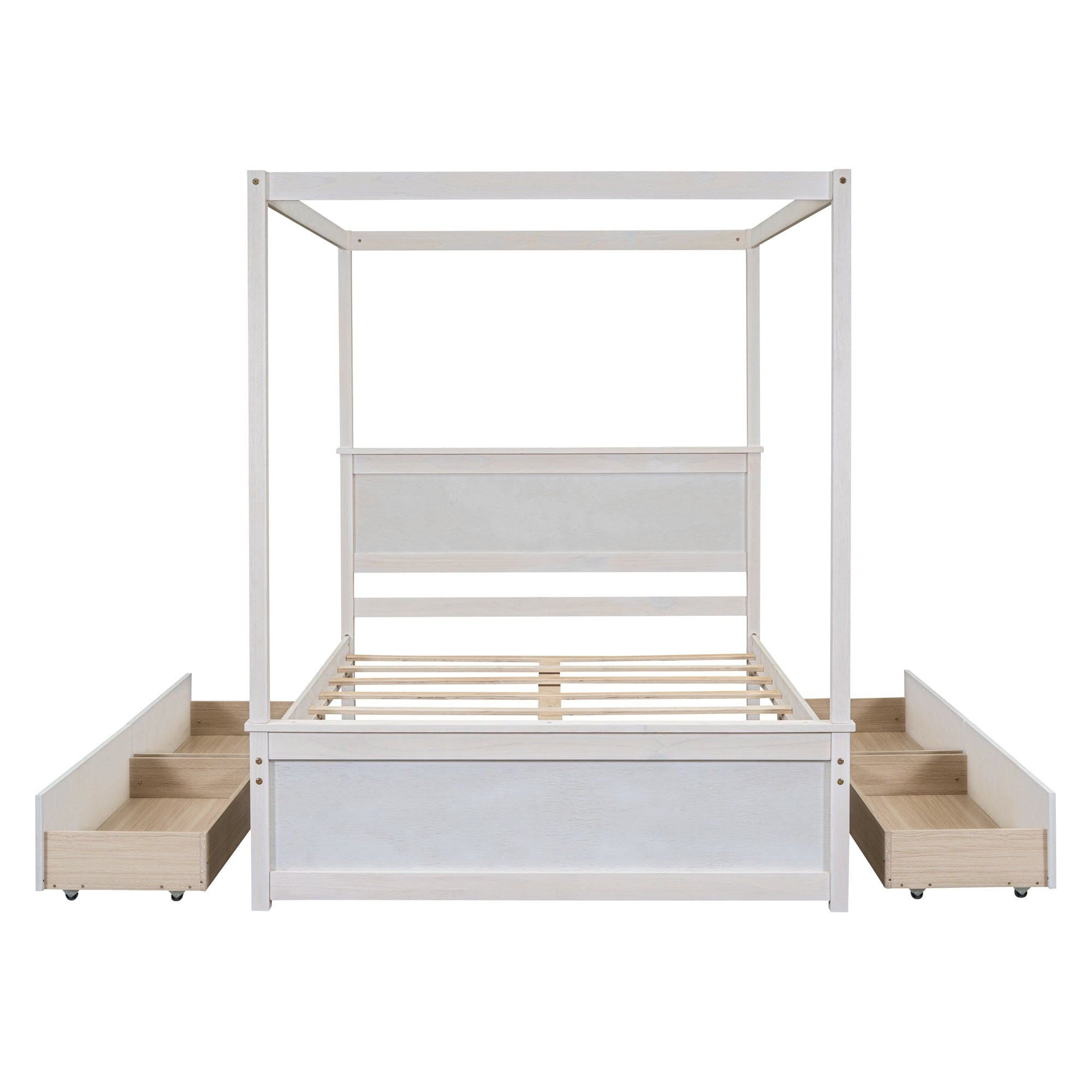 Wood Canopy Bed with four Drawers ,Full Size Canopy Platform Bed With Support Slats .No Box Spring Needed, Brushed White