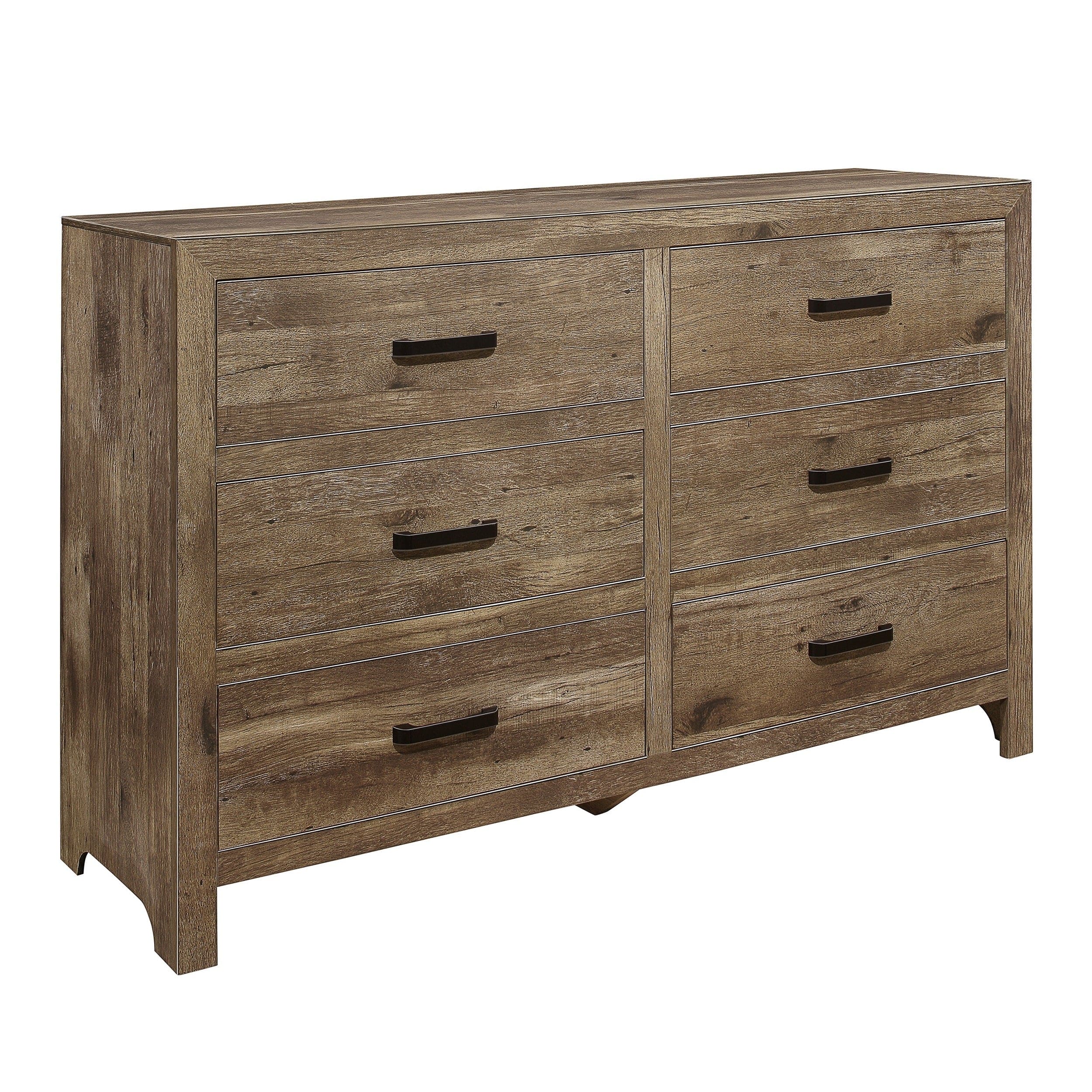 Rustic Style Dresser w 6 Storage Drawers Weathered Pine Finish Wooden Bedroom Furniture