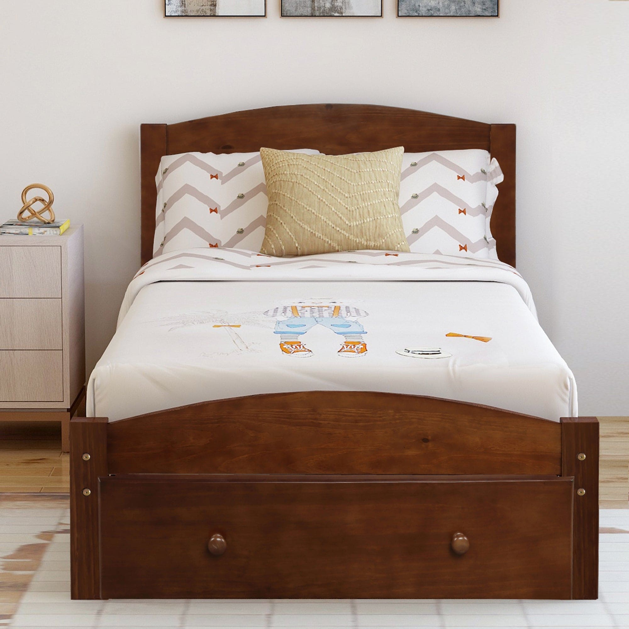 Platform Twin Bed Frame with Storage Drawer and Wood Slat Support No Box Spring Needed, Walnut