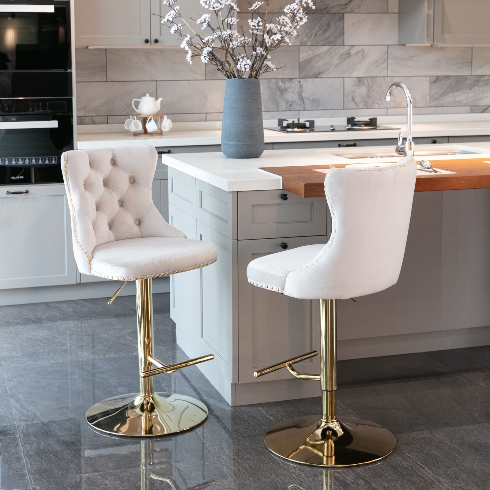 A&A Furniture,Golden Swivel Velvet Barstools Adjusatble Seat Height from 25-33 Inch, Modern Upholstered Bar Stools with Backs Comfortable Tufted for Home Pub and Kitchen Island（Beige,Set of 2）