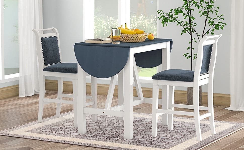 TOPMAX 3-Piece Wood Counter Height Drop Leaf  Dining Table Set with 2 Upholstered Dining Chairs for Small Place, White+Gray