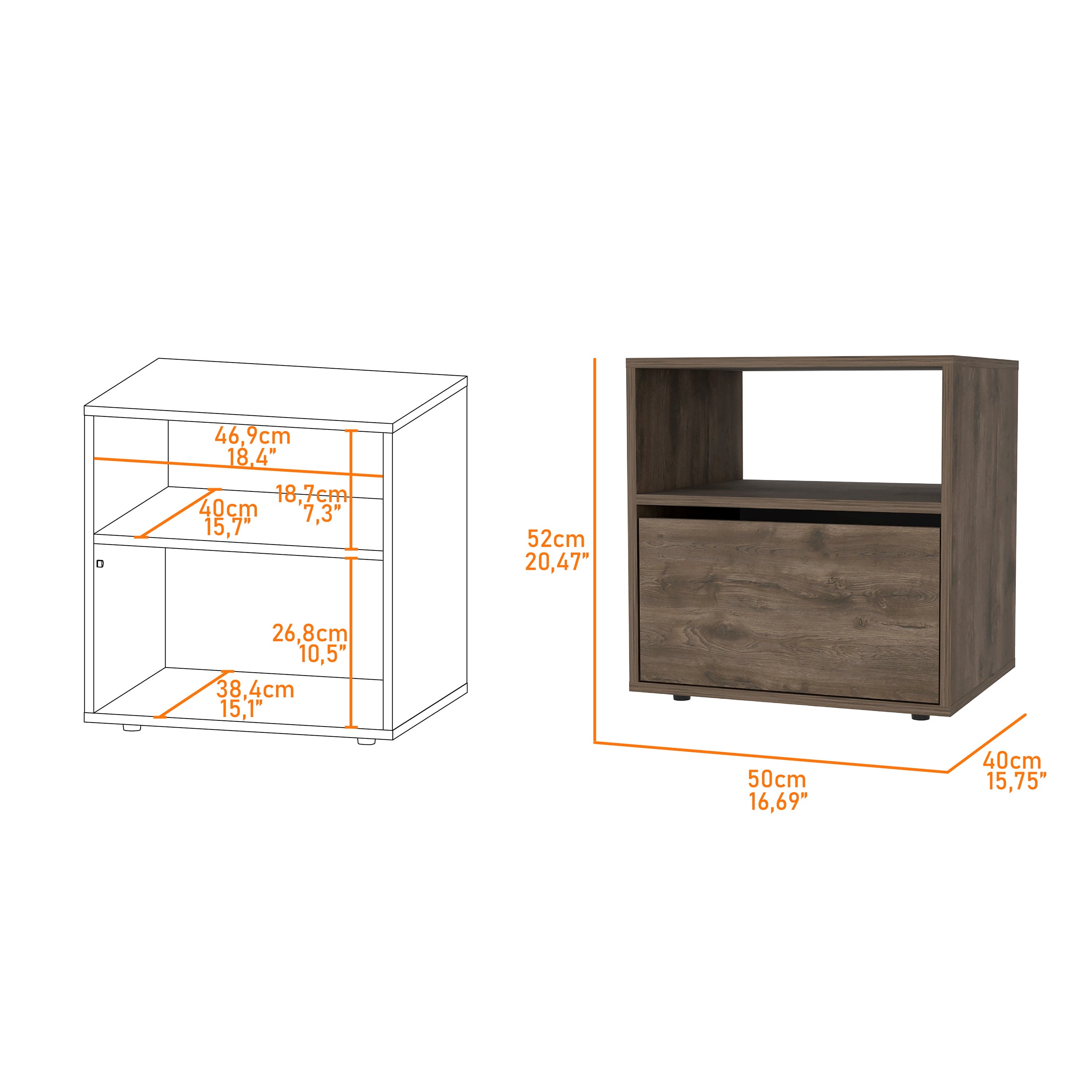 Nightstand Forum, One Open Shelf, One Cabinet, Dark Brown / Black Wengue Finish