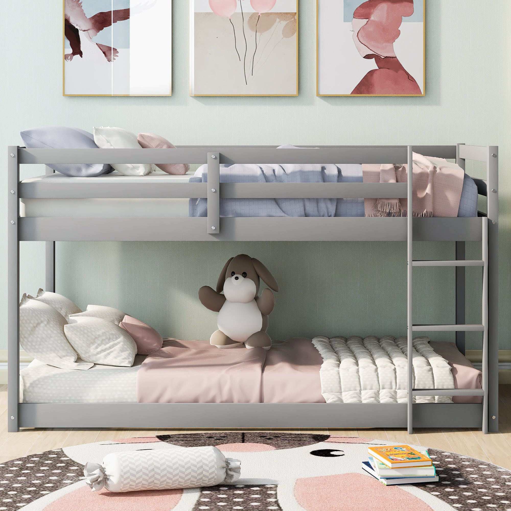 Twin over Twin Floor Bunk Bed with Ladder , Gray(Old SKU:WF281727AAE/WF286602AAE)