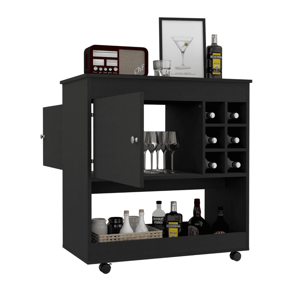 Bar Cart Aloha, Lower Panel, Six Bottle Cubbies, One Cabinet, Black Wengue Finish