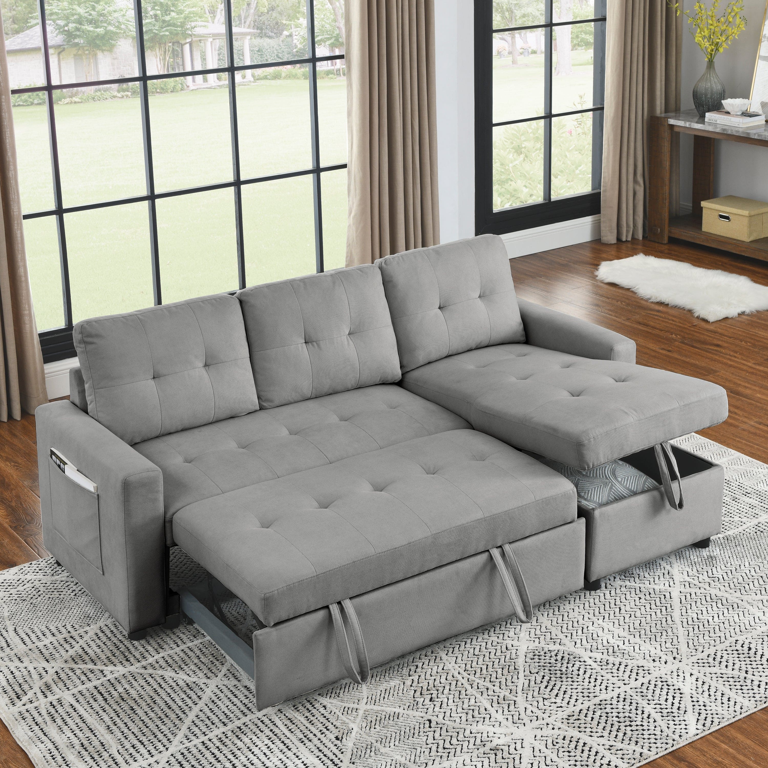 MH 78.5" Sleeper Sofa Bed Reversible Sectional Couch with Storage Chaise and Side storage bag for Small Space Living Room Furniture Set