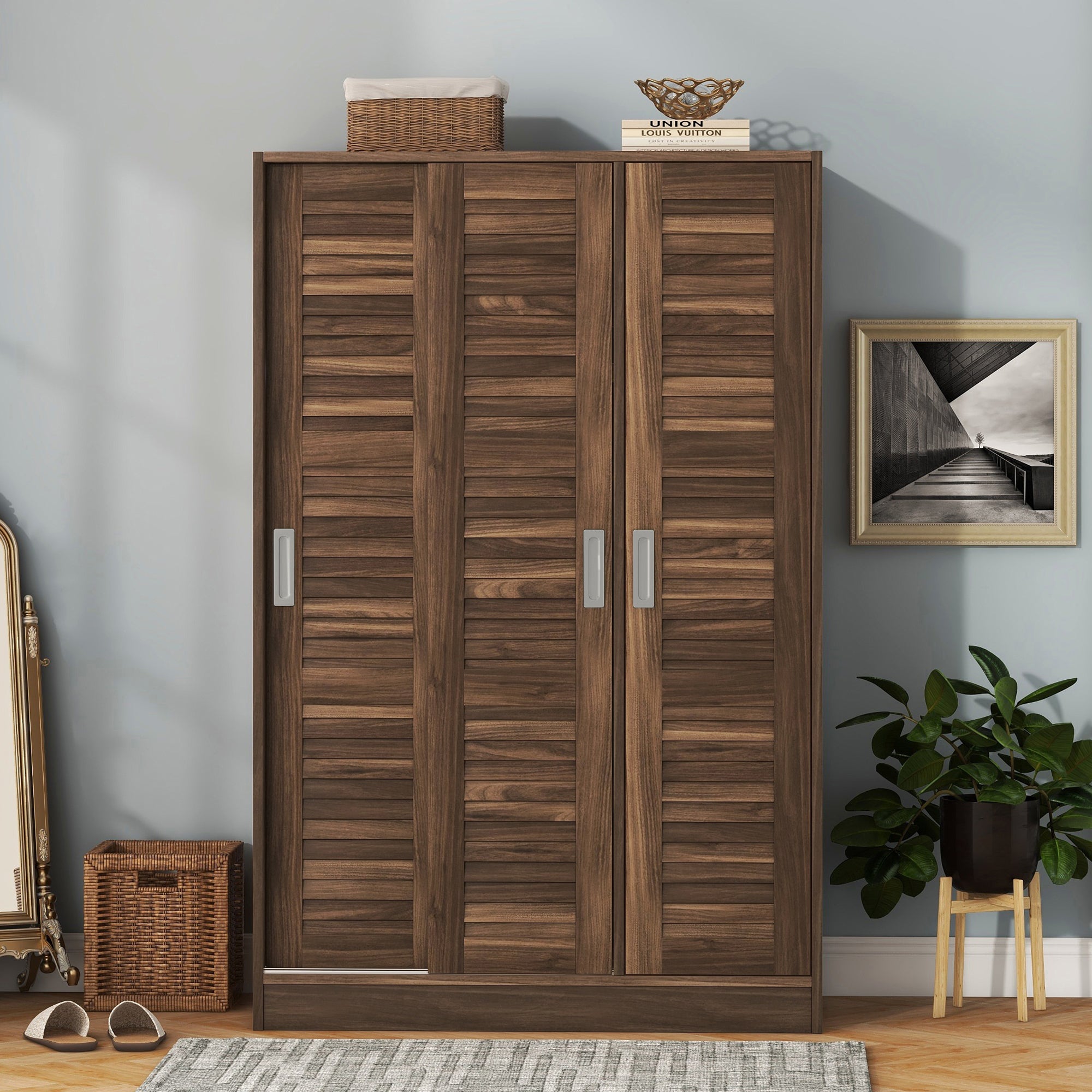 3-Door Shutter Wardrobe with shelves, Walnut