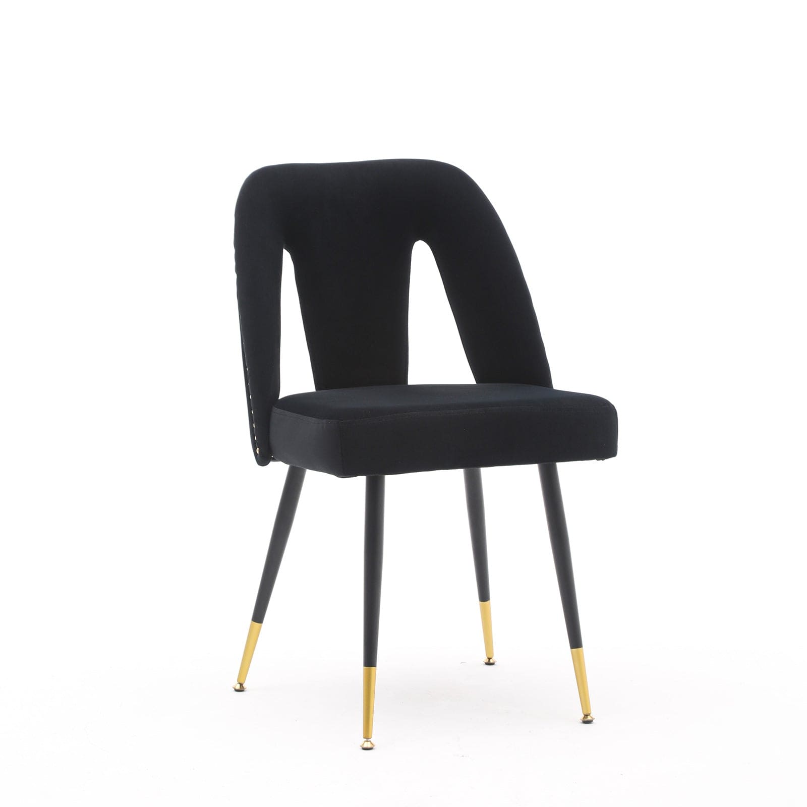 A&A Furniture,Akoya Collection Modern Contemporary Velvet Upholstered Dining Chair with Nailheads and Gold Tipped Black Metal Legs,Black,Set of 2