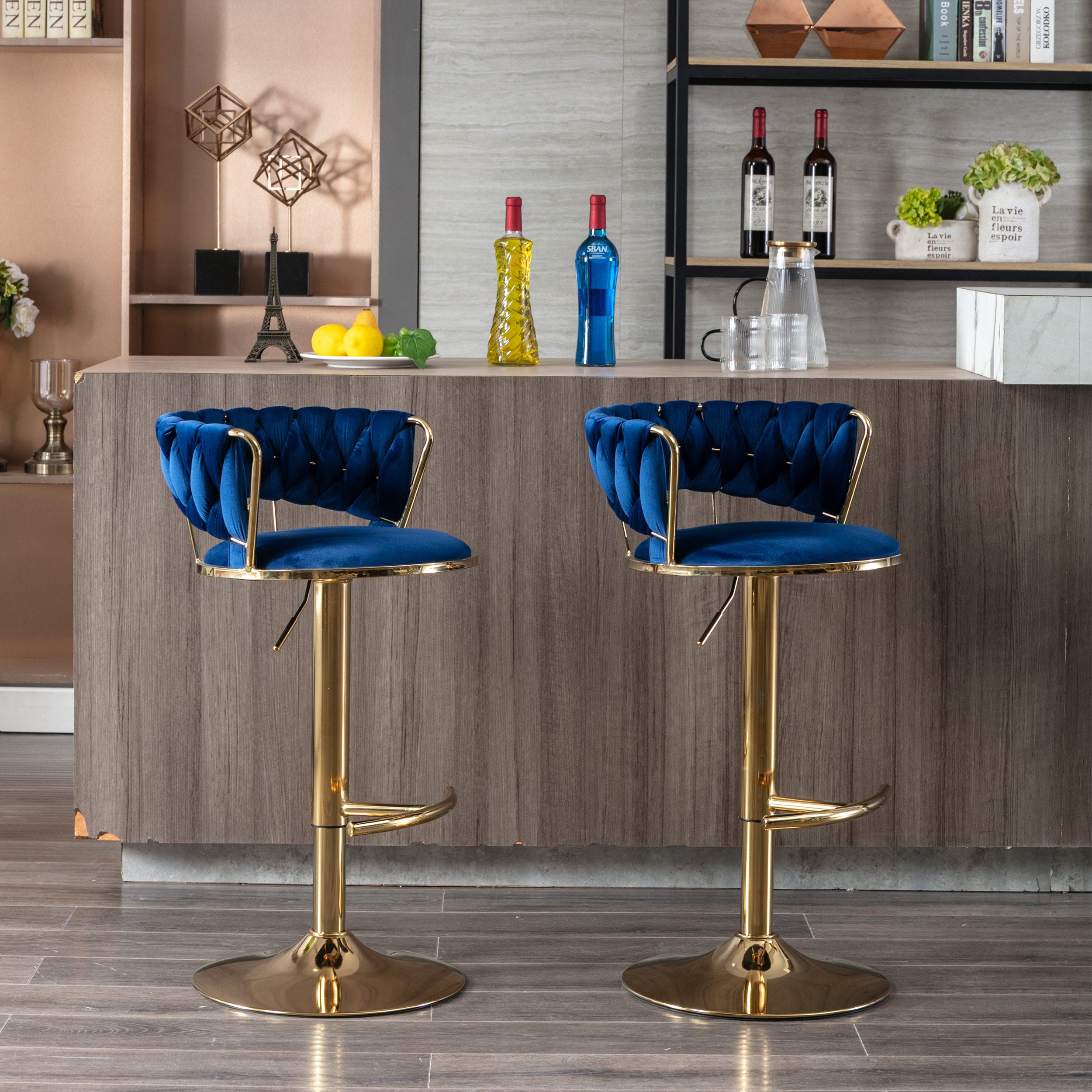 Set of 2  Bar Stools,with Chrome Footrest and Base Swivel Height Adjustable Mechanical Lifting Velvet + Golden Leg Simple Bar Stool-BLUE