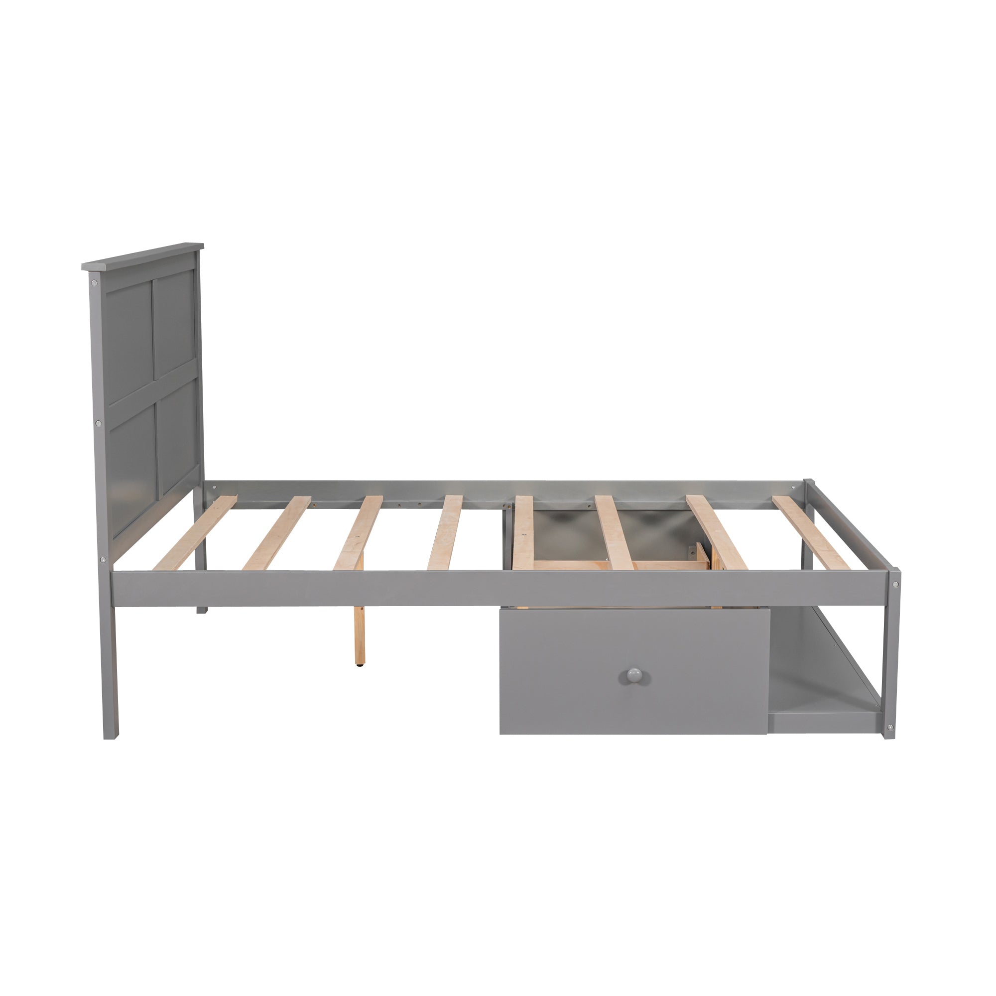 Full Size Platform Bed with Drawer on the Each Side and Shelf on the End of the Bed, Gray