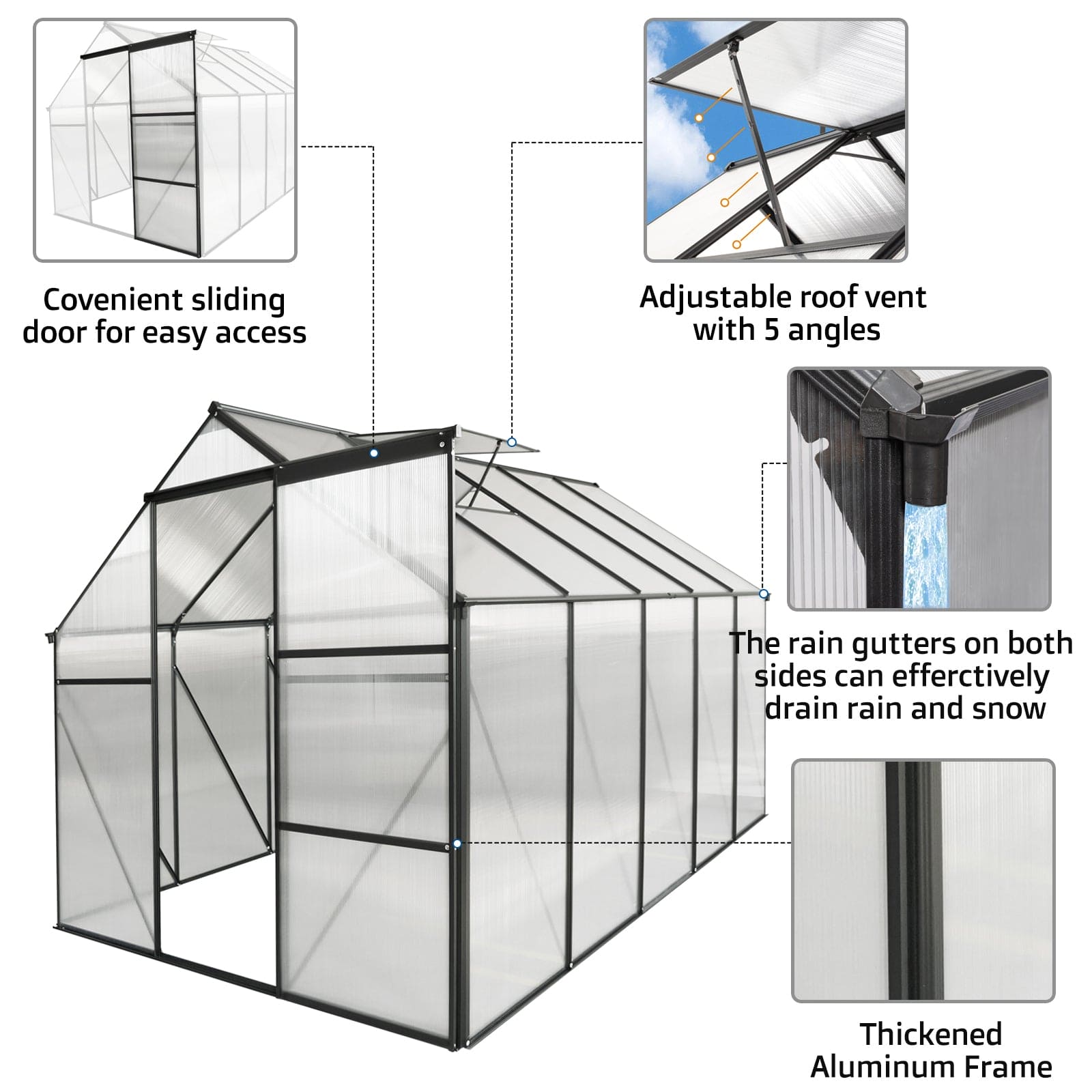 6x10 FT Polycarbonate Greenhouse Raised Base and Anchor Aluminum Heavy Duty Walk-in Greenhouses for Outdoor Backyard in All Season