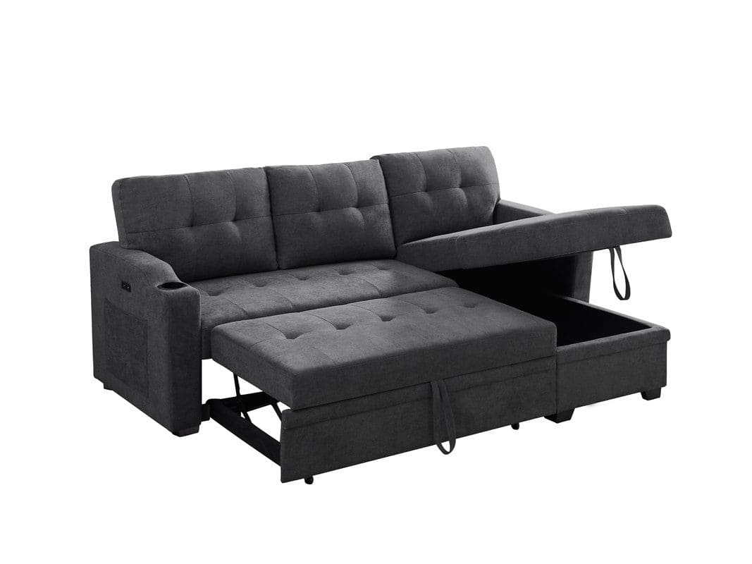 Mabel Dark Gray Woven Fabric Sleeper Sectional with cupholder, USB charging port and pocket