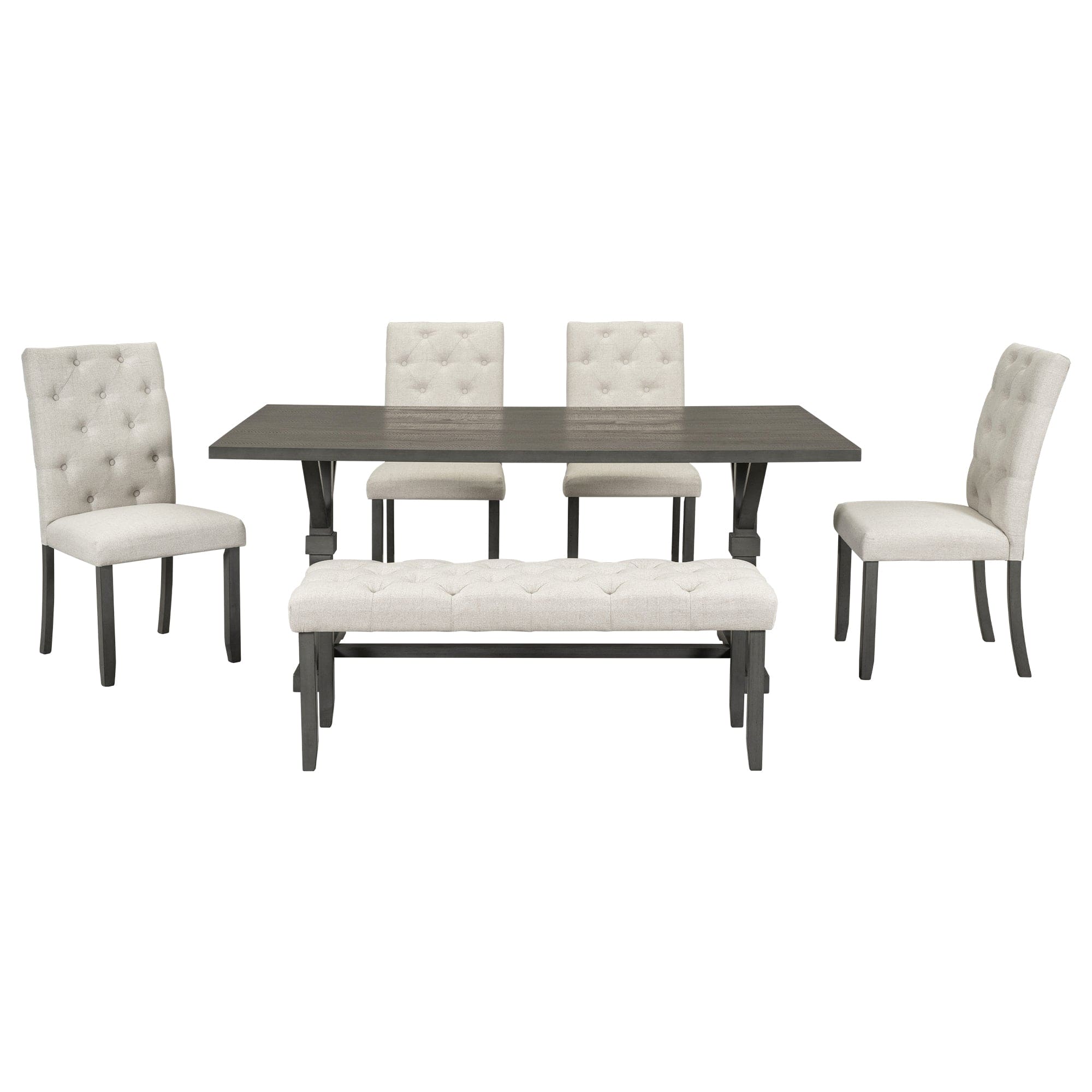 TREXM 6-Piece Farmhouse Dining Table Set 72" Wood Rectangular Table, 4 Upholstered Chairs with Bench (Gray)