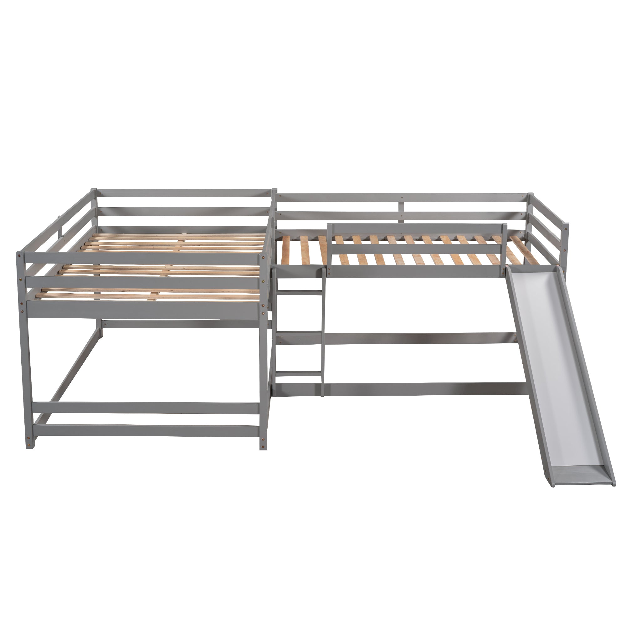 Full and Twin Size L-Shaped Bunk Bed with Slide and Short Ladder,Gray