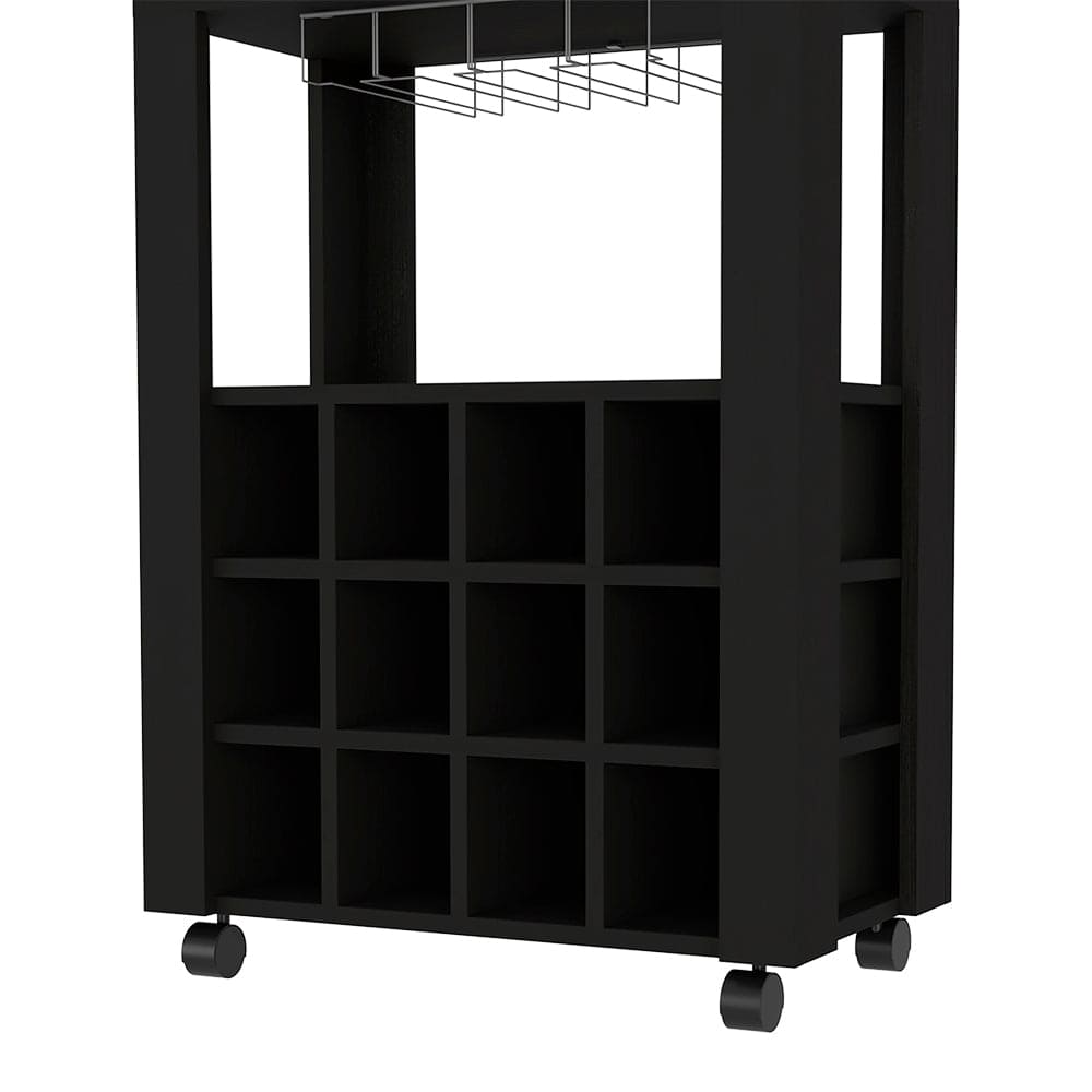 Bar Cart Bayamon, Twelve Wine Cubbies, Four Legs, Black Wengue Finish