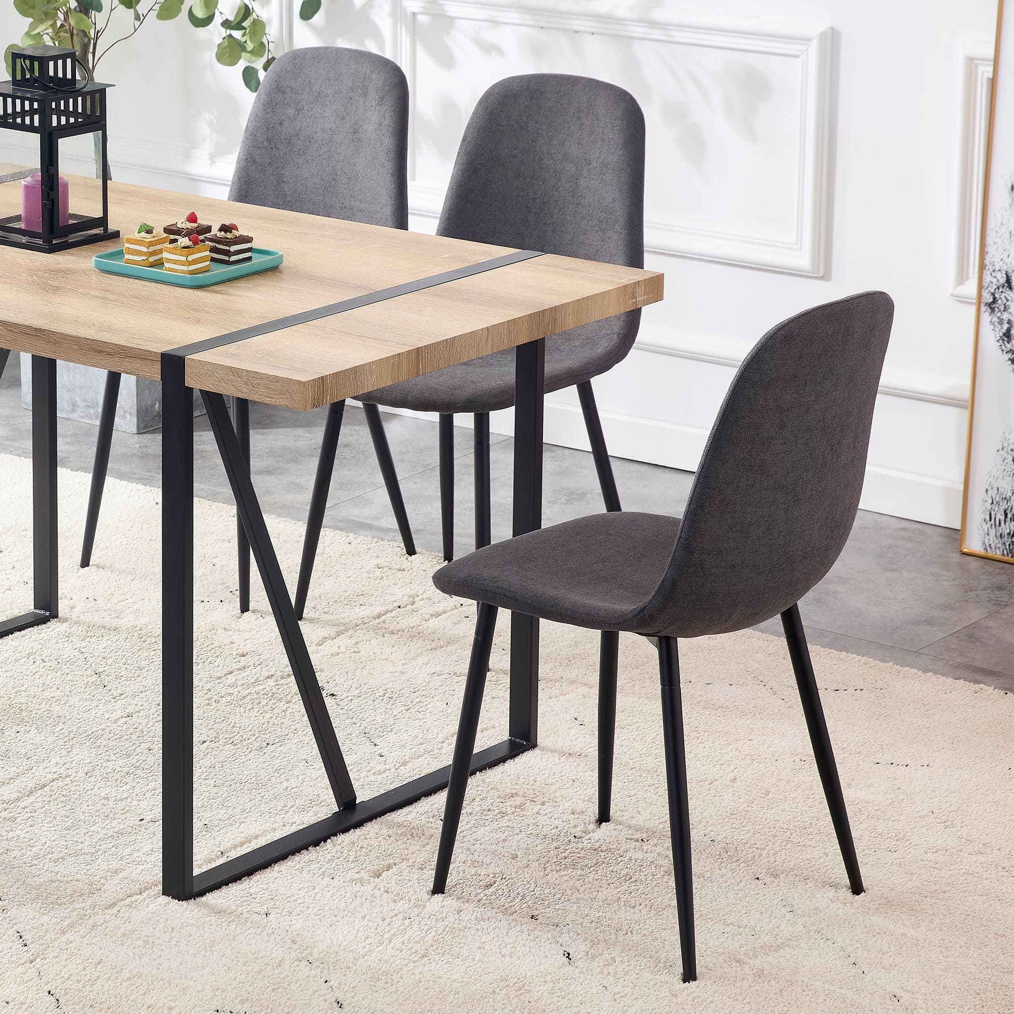 A set of 6 modern medieval style restaurant cushioned side chairs with soft linen fabric cushions and black metal legs, suitable for kitchen, lounge, and farmhouses.B0501A