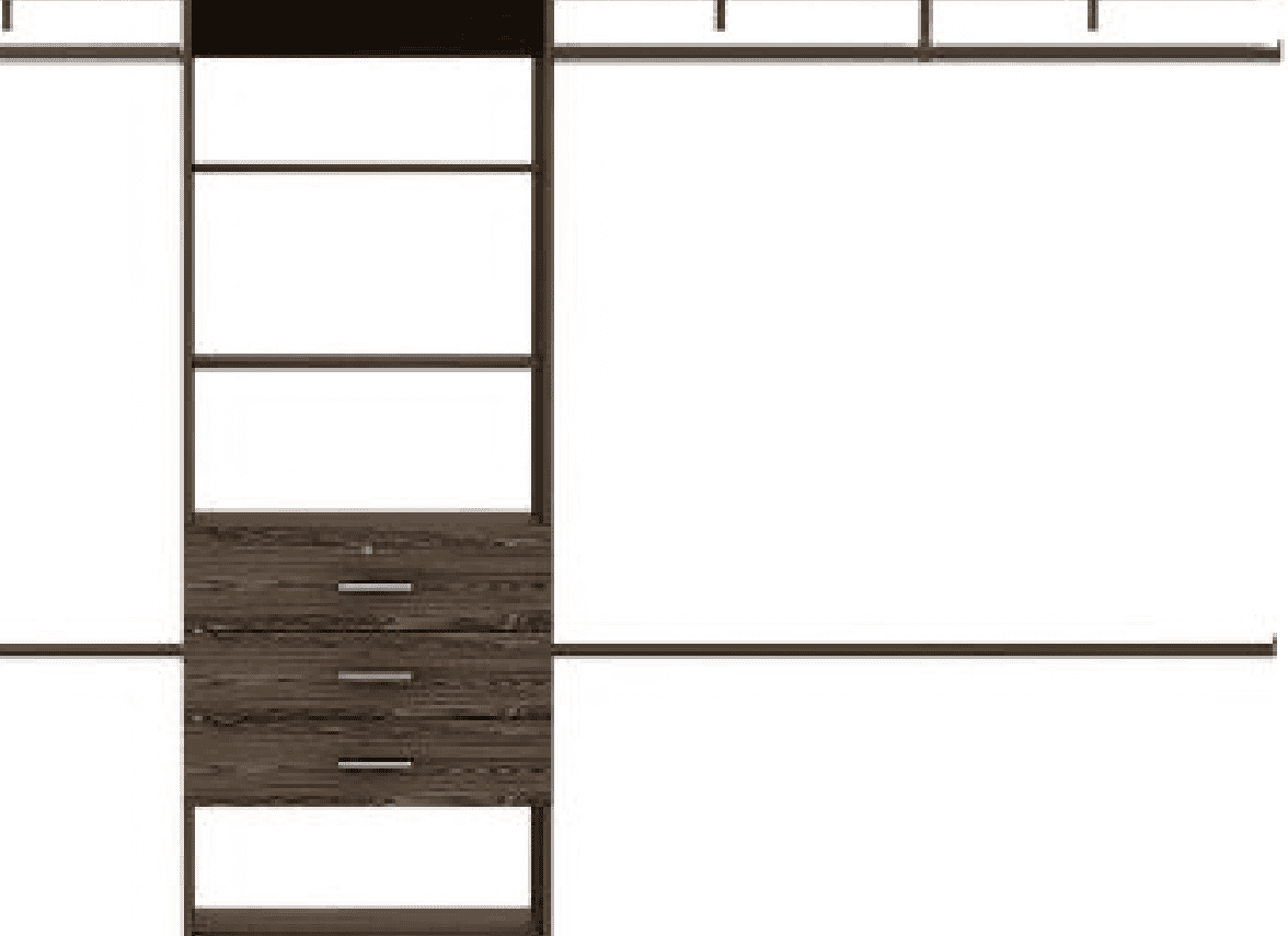 Plego 69"W - 118"W Drawers Closet System, Five Shelves, Four Hanging Rods, Three Drawers -Dark Walnut