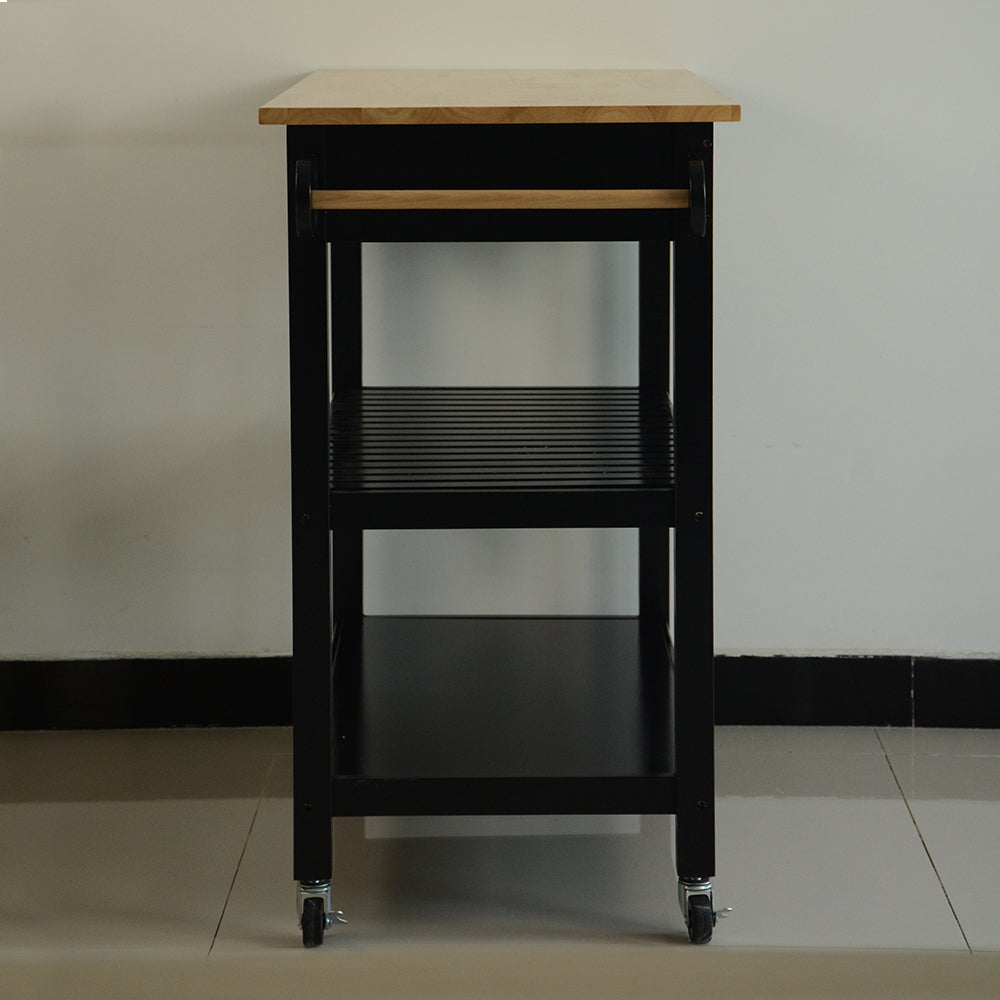 Kitchen Island & Kitchen Cart, Mobile Kitchen Island with Two Lockable Wheels, Rubber Wood Top, Black Color Design Makes It Perspective Impact During Party.