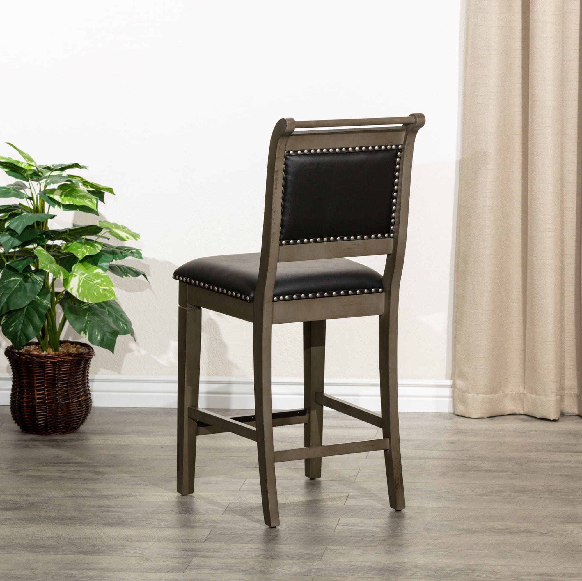 24" Counter Stool, Weathered Gray Finish, Black Leather Seat