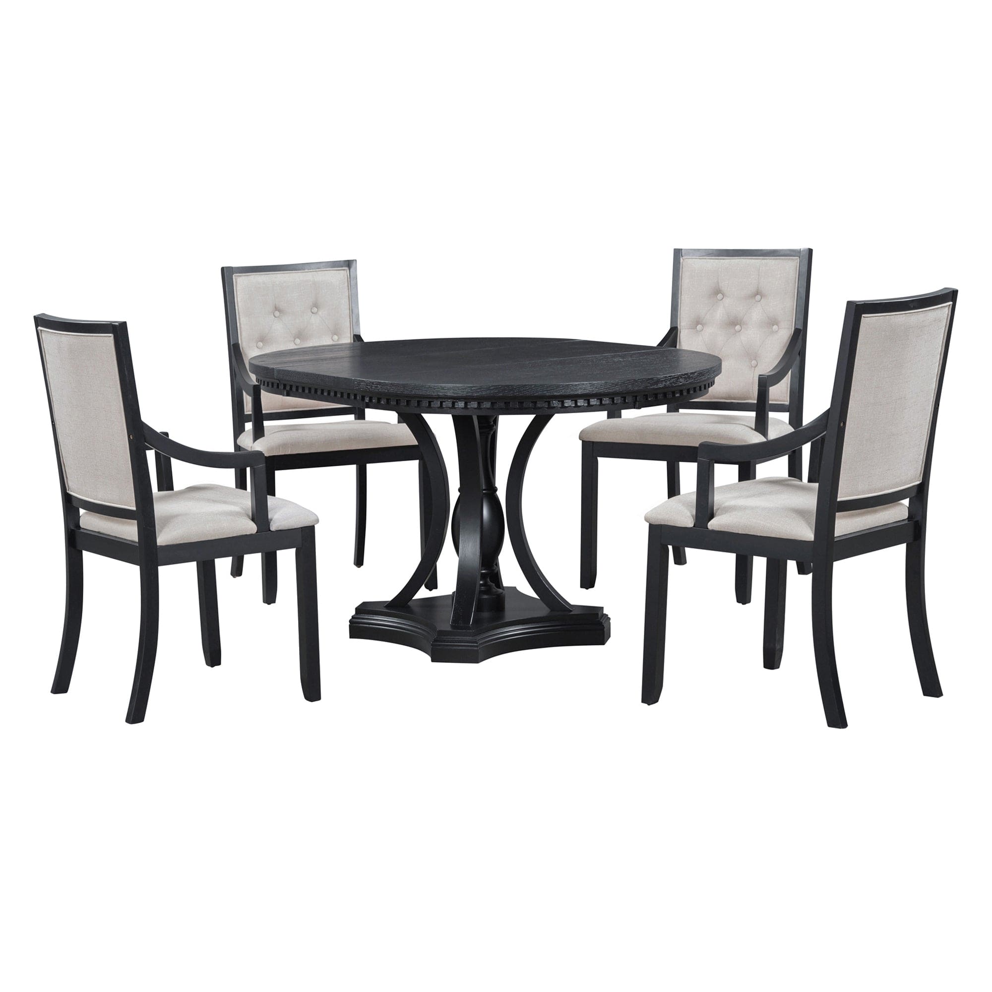 TREXM Retro 5-piece Dining Set Extendable Round Table and 4 Chairs for Kitchen Dining Room (BLACK OAK)