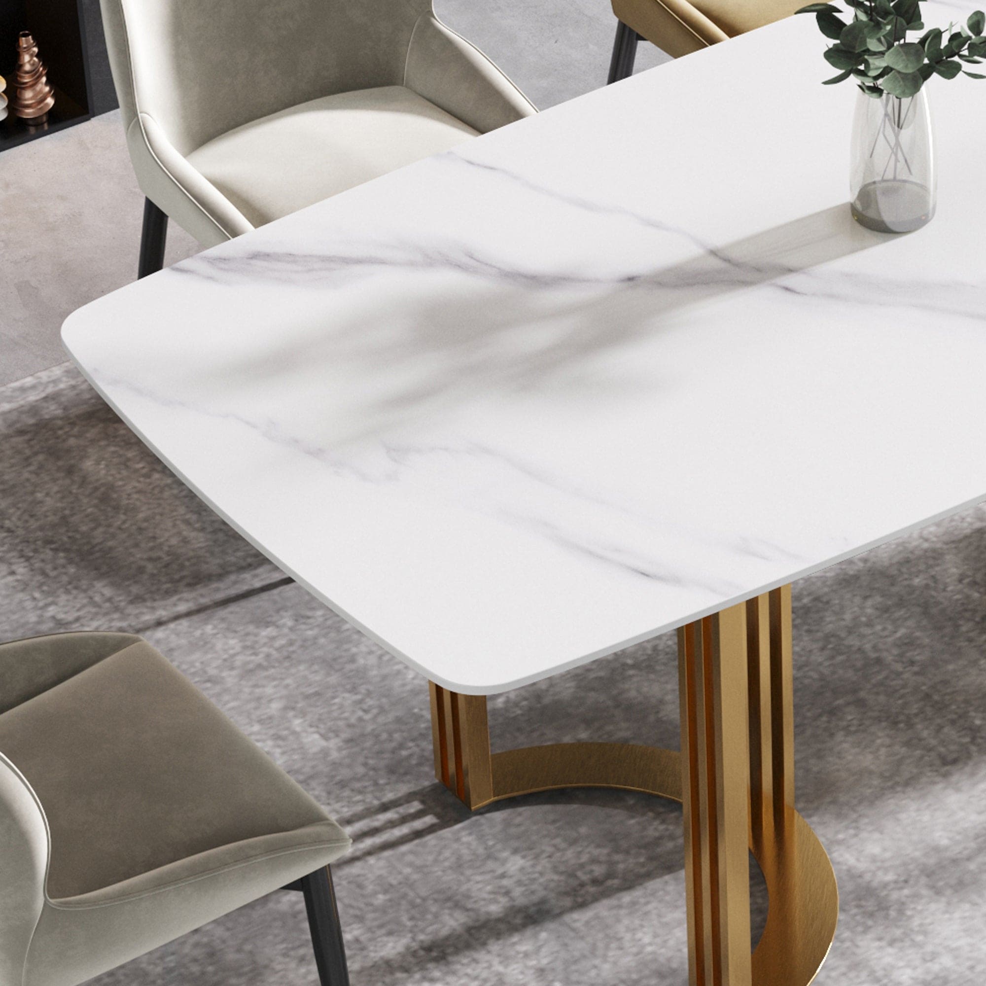 70.87"Modern artificial stone white curved golden metal leg dining table-can accommodate 6-8 people