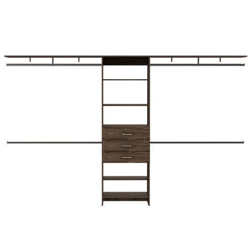 Plego 69"W - 118"W Drawers Closet System, Five Shelves, Four Hanging Rods, Three Drawers -Dark Walnut