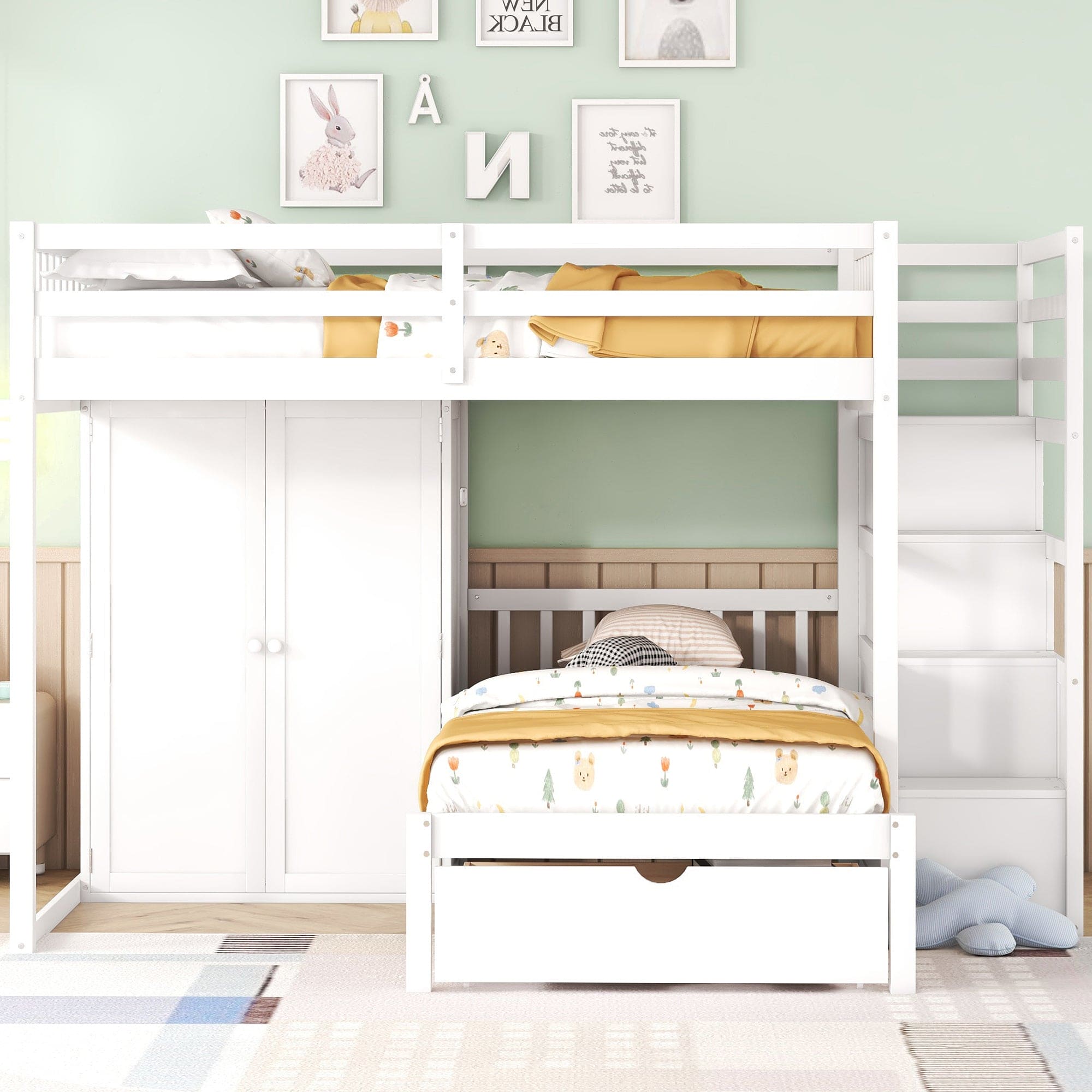 Full Over Twin Bunk Bed with Wardrobe, Drawers, White