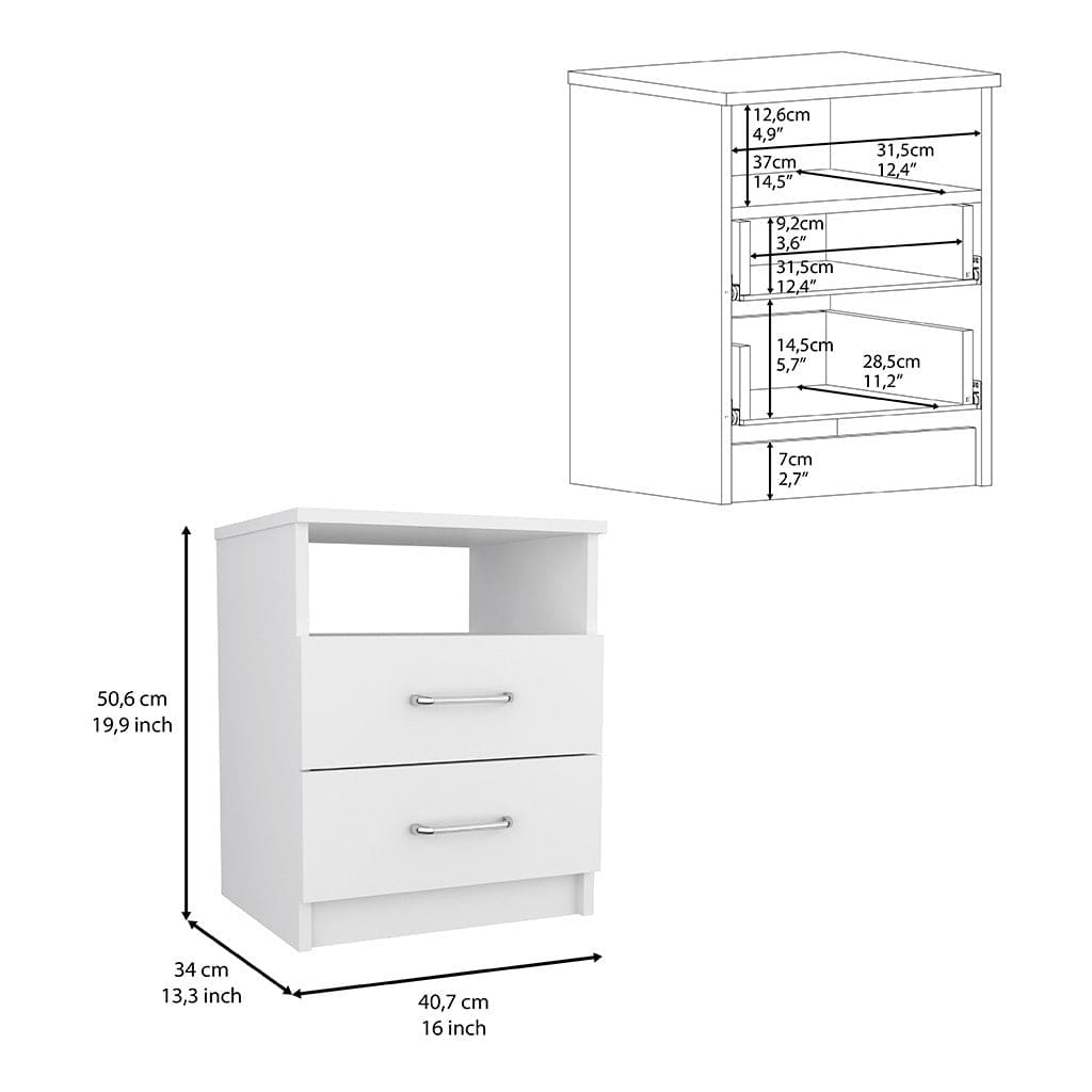 Nightstand Olienza, Two Drawers, One Shelf, White Finish