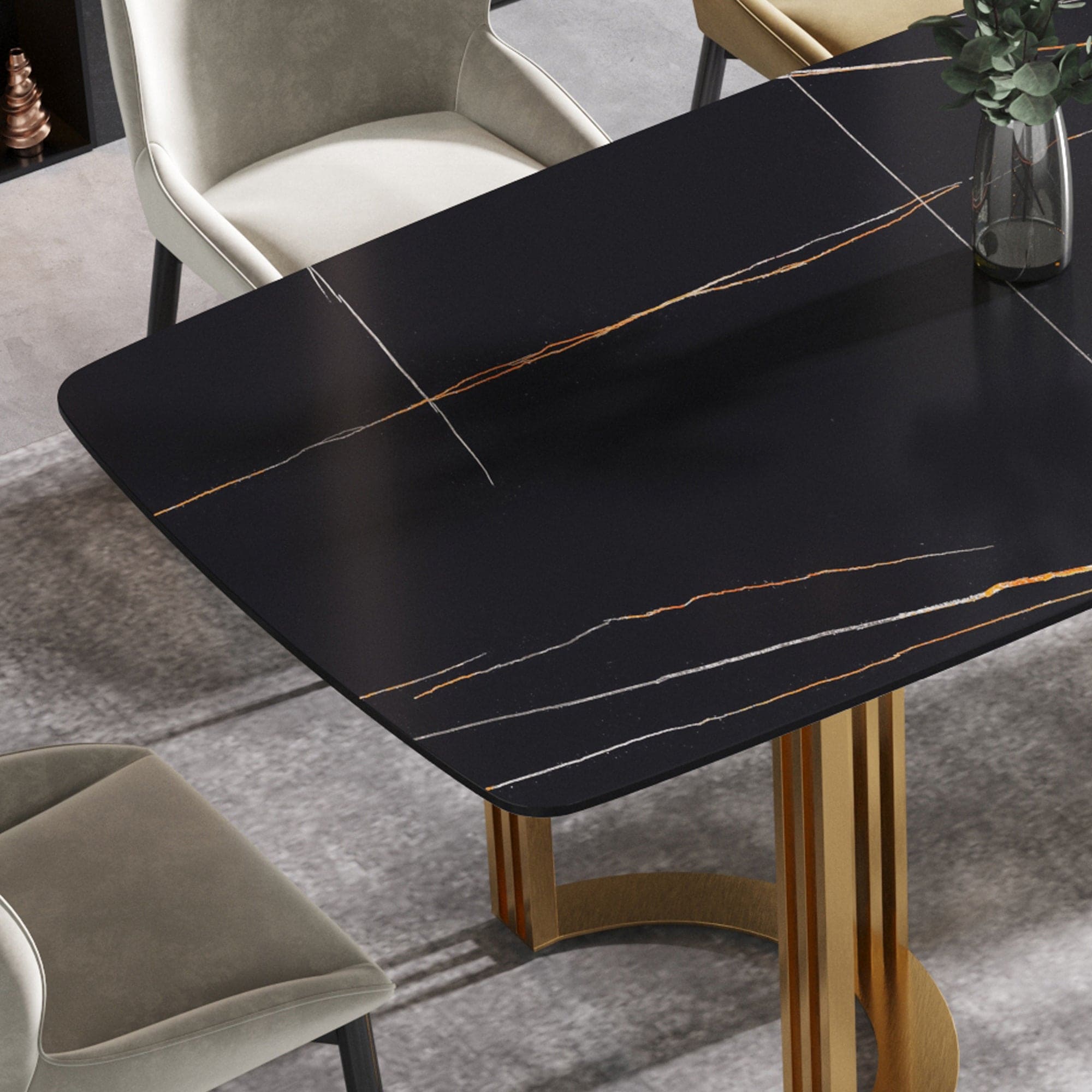 63"Modern artificial stone black curved golden metal leg dining table -6 people