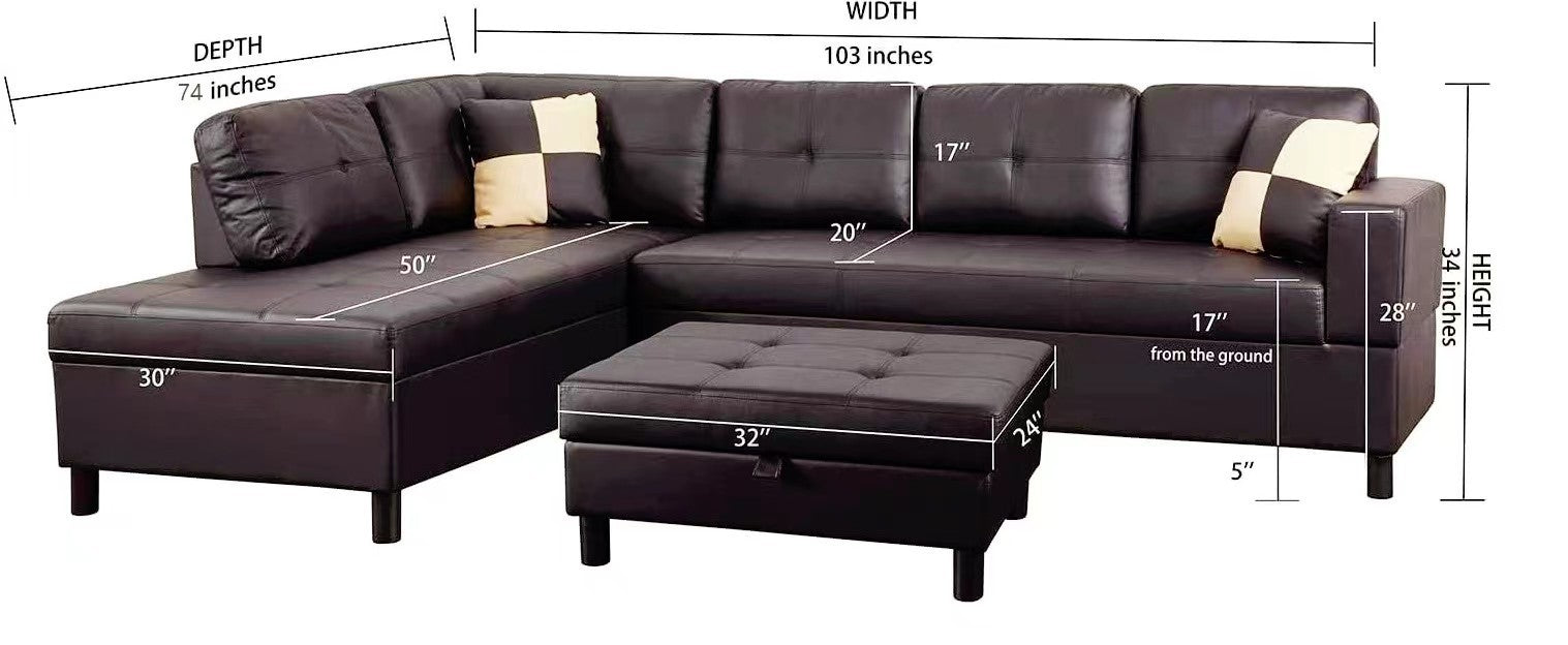 3 PC Sectional Sofa Set, (Brown) Faux Leather Right -Facing Chaise with Free Storage Ottoman