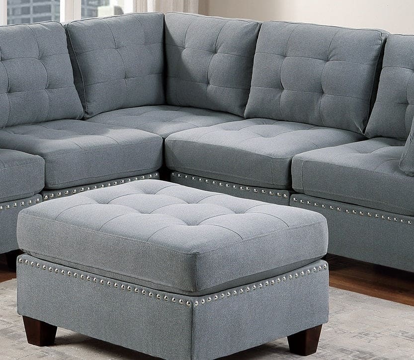 Modular Sectional 6pc Set Living Room Furniture Corner Sectional Tufted Nail heads Couch Gray Linen Like Fabric 3x Corner Wedge 2x Armless Chairs and 1x Ottoman