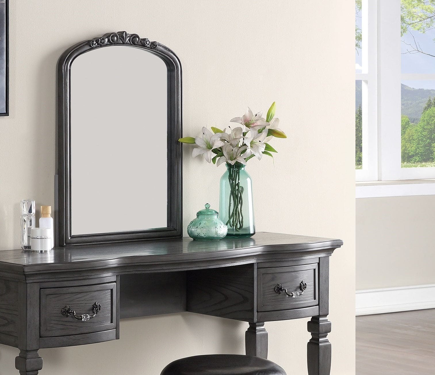 Bedroom Classic Vanity Set Wooden Carved Mirror Stool Drawers Antique Grey Finish