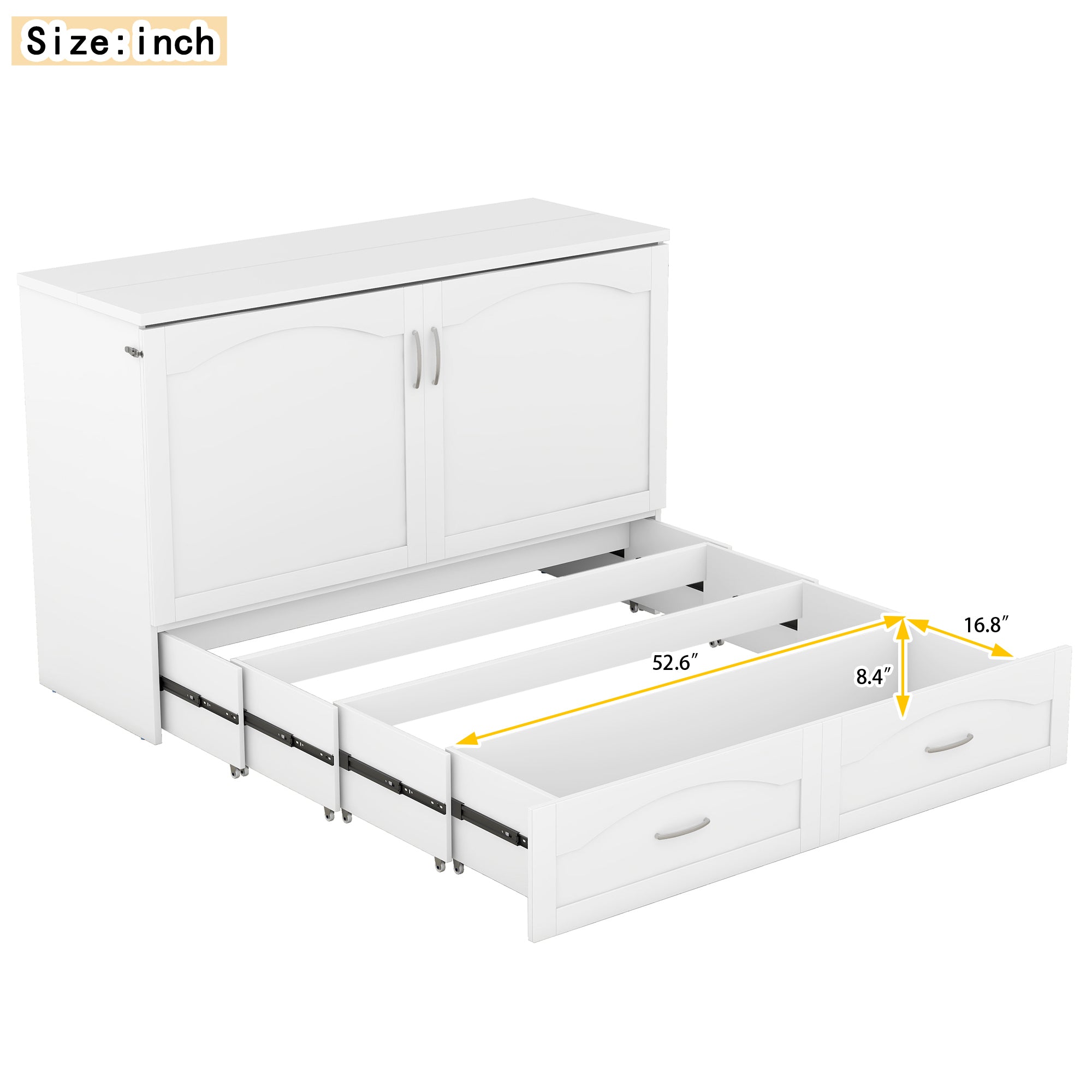 Queen Size Murphy Bed Wall Bed with drawer and a set of Sockets & USB Ports, Pulley Structure Design, White