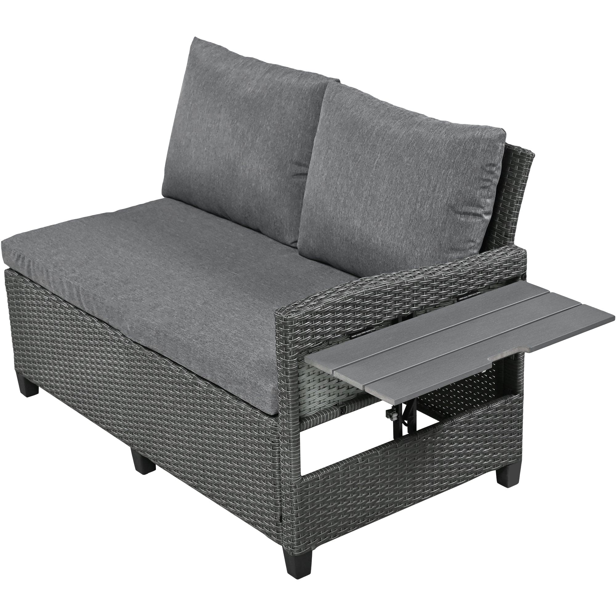 TOMAX 5-Piece Outdoor Patio Rattan Sofa Set, Sectional PE Wicker L-Shaped Garden Furniture Set with 2 Extendable Side Tables, Dining Table and Washable Covers for Backyard, Poolside, Indoor, Gray