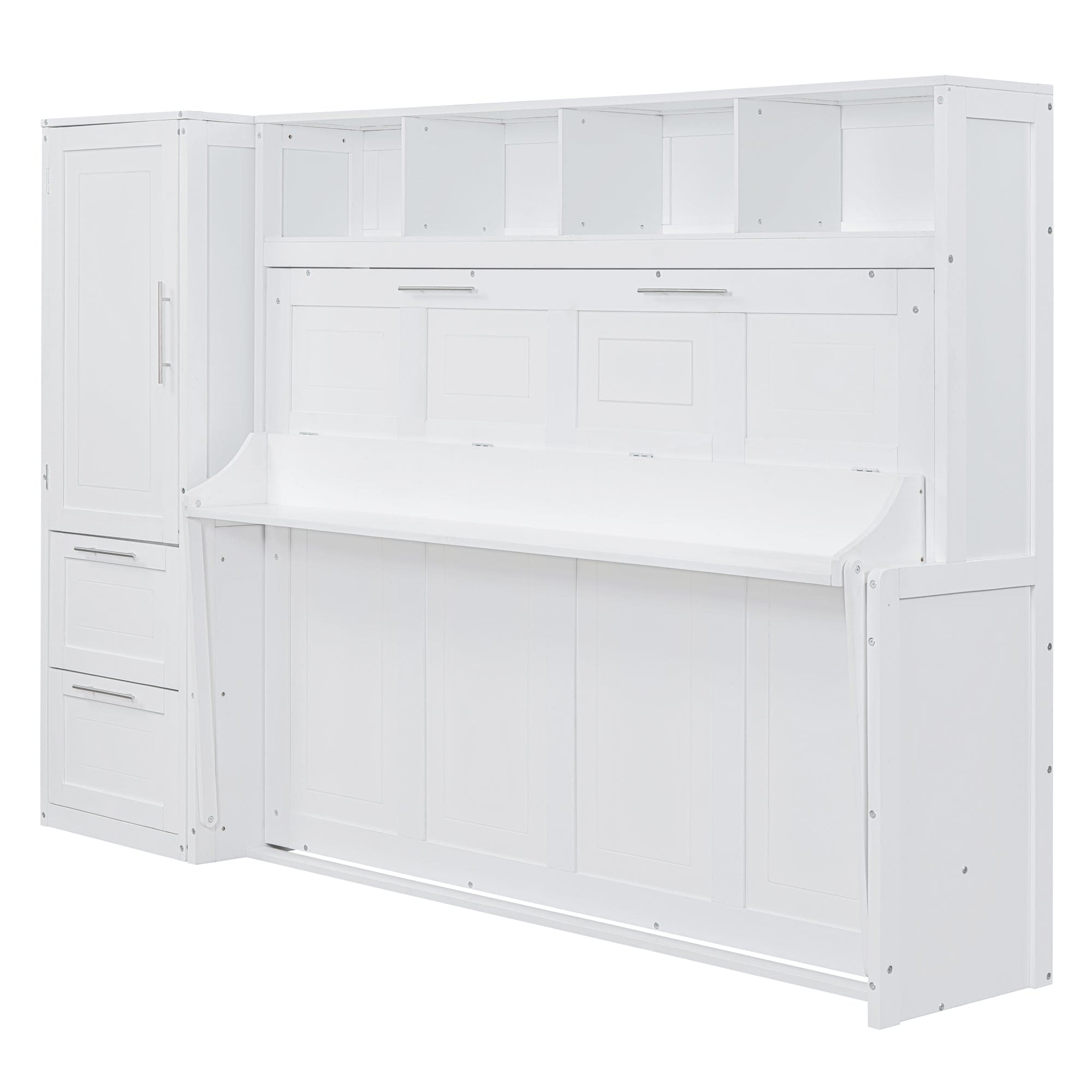 Full Size Murphy Bed Wall Bed with Closet and Drawers,White