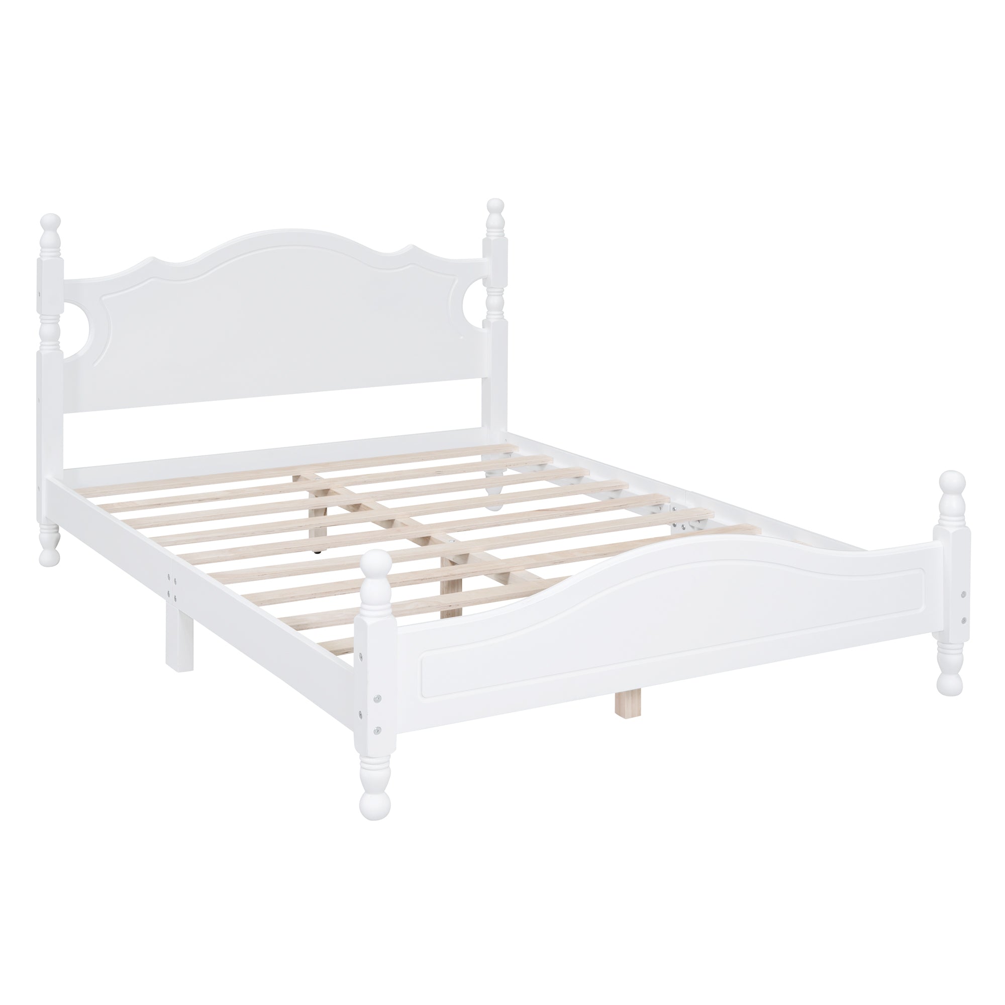 Full Size Wood Platform Bed Frame,Retro Style Platform Bed with Wooden Slat Support,White