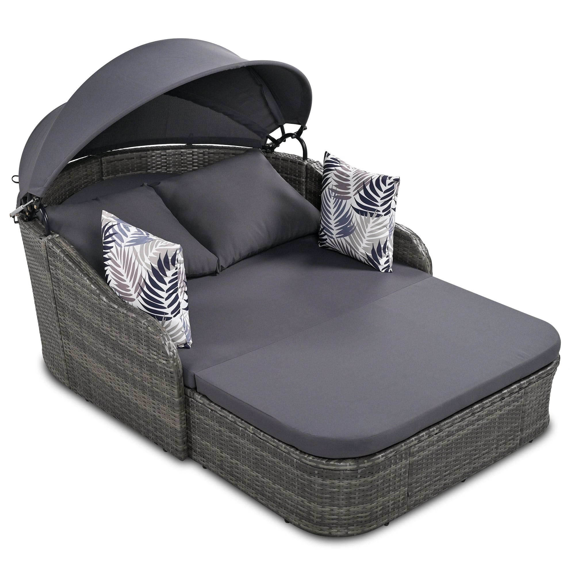 GO 79.9" Outdoor Sunbed with Adjustable Canopy, Double lounge, PE Rattan Daybed, Gray Wicker And Cushion