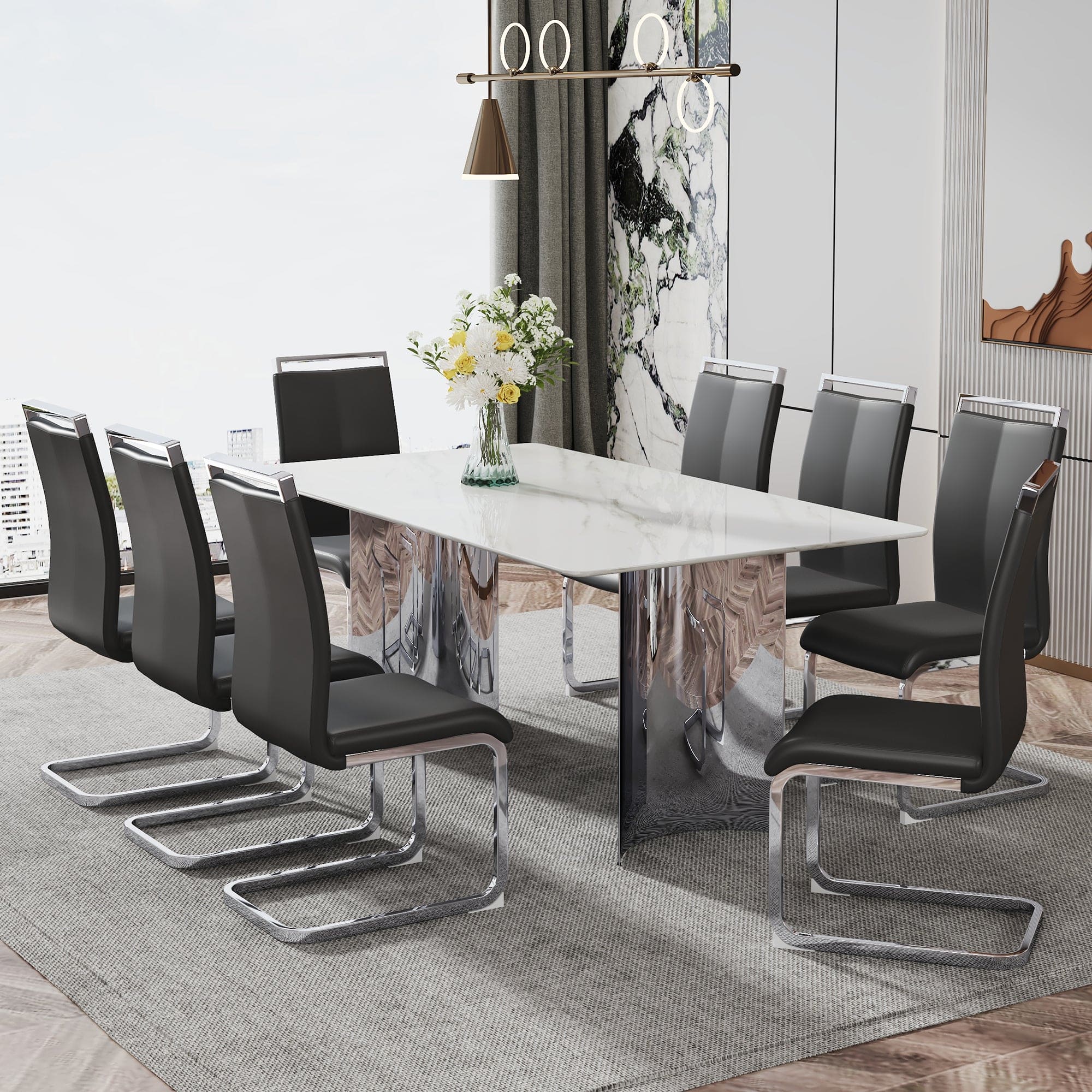 Modern minimalist dining table. The white imitation marble glass desktop is equipped with silver metal legs. Suitable for restaurants and living rooms  71" *39.3" *29.5"  DT-69