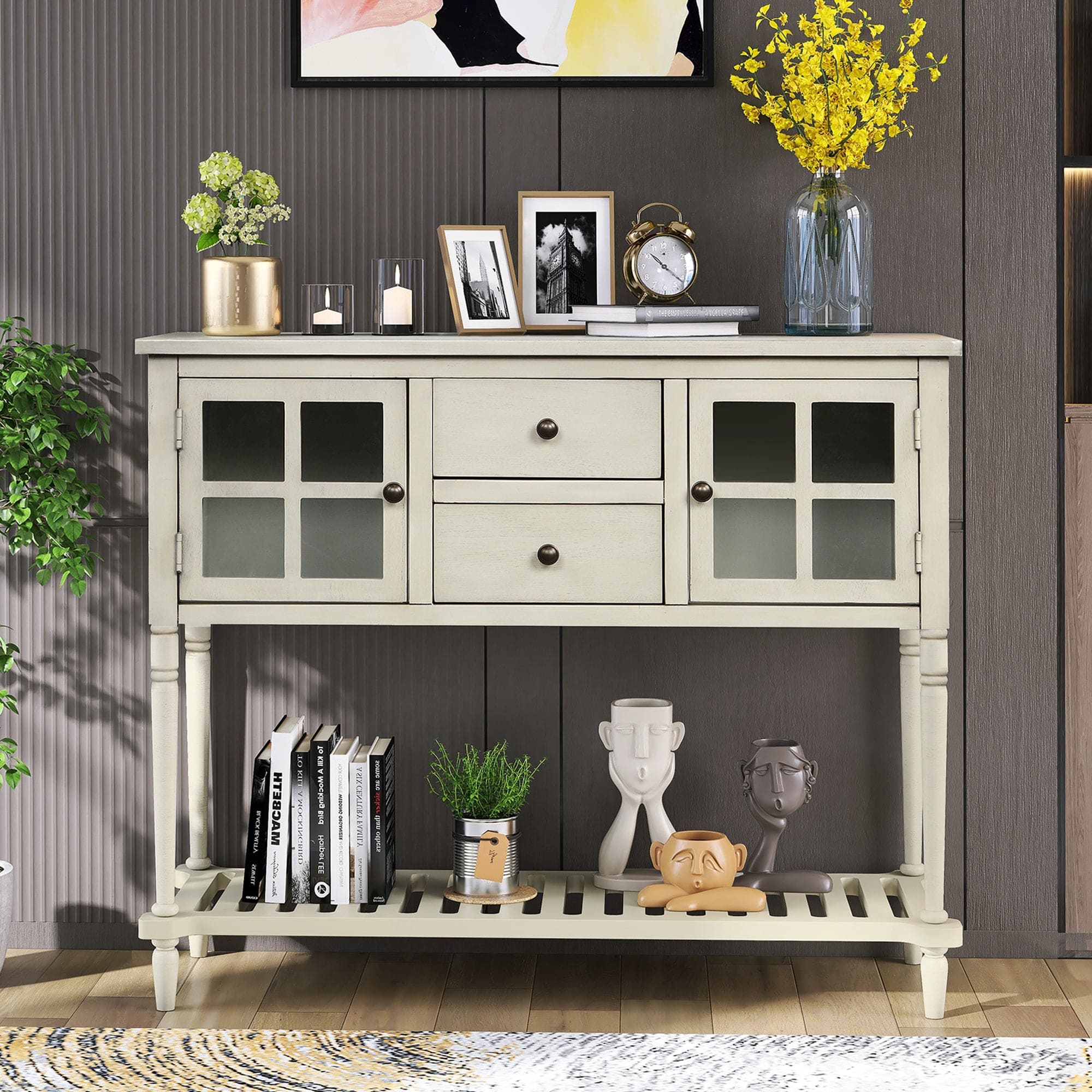 TREXM Sideboard Console Table with Bottom Shelf, Farmhouse Wood/Glass Buffet Storage Cabinet Living Room (Antique Grey)