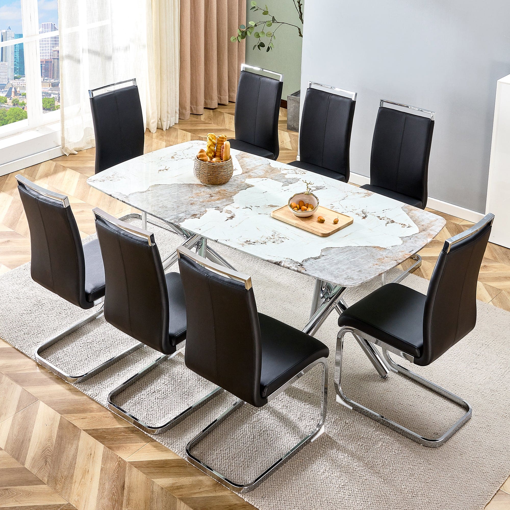 Large modern minimalist rectangular dining table suitable for 6-8 people, equipped with a 0.39 "imitation marble tabletop and metal legs,for Kitchen Dining Living Meeting Room Banquet hall,71"x 40"x30