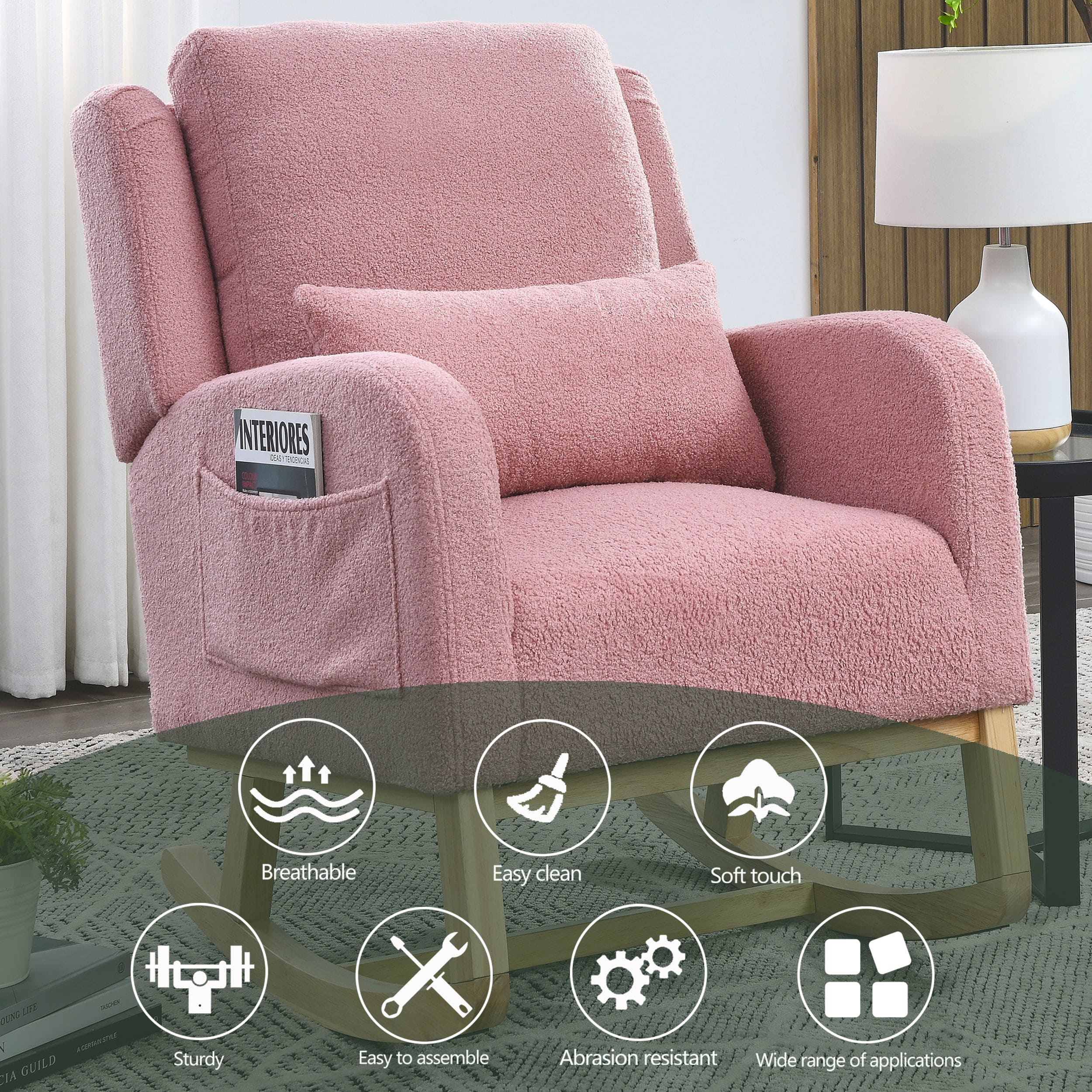 [Video] Welike 27.5 "W Modern Accent High Back Living Room Casual Armchair Rocker with One Lumbar Pillow, Two Side Pockets,Teddy.