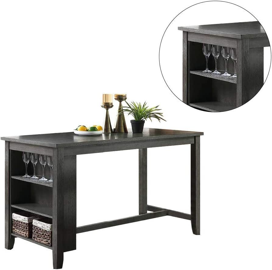 Modern Gray Finish 5pc Counter Height High Dining Table w Storage Shelves High Chairs And Stools Wooden Kitchen Breakfast Table Dining Room Furniture