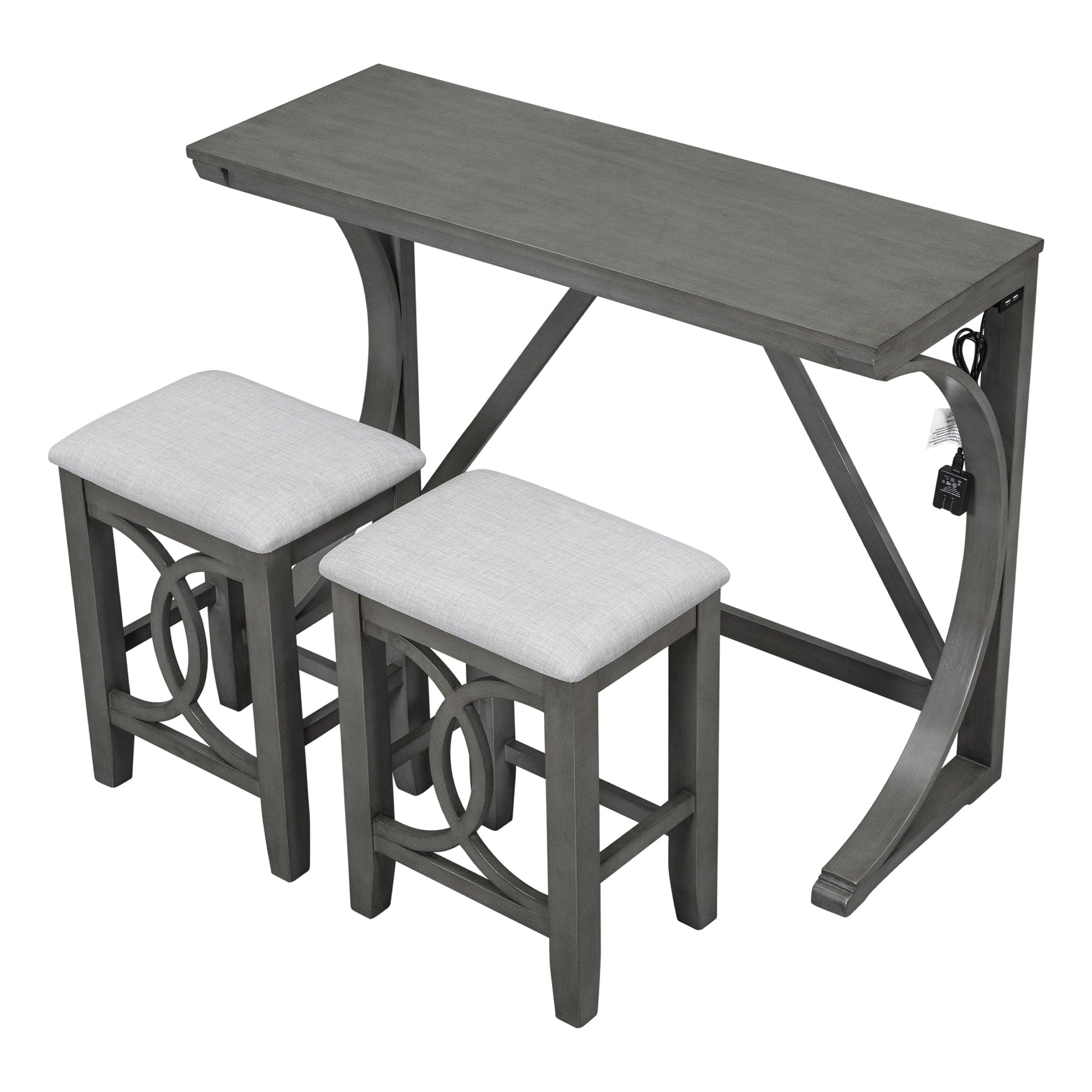 TOPMAX Farmhouse 3-Piece Counter Height Dining Table Set with USB Port and Upholstered Stools,Gray