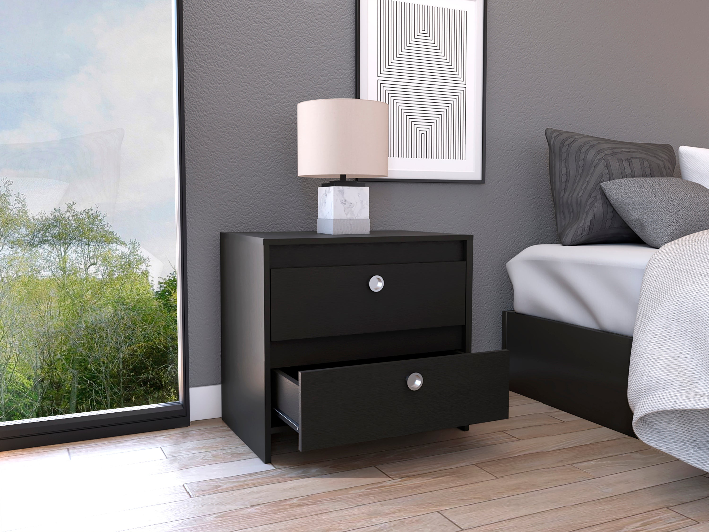 Idaly Nightstand, Superior Top, Two Drawers -Black