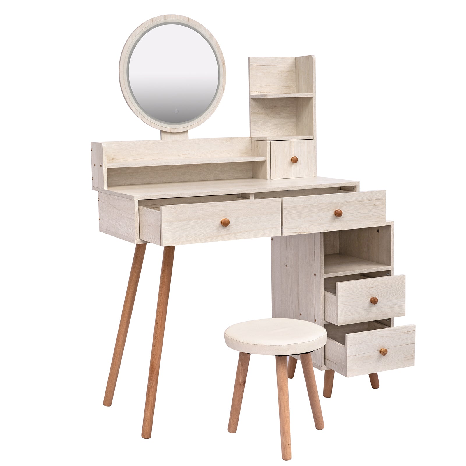 CRAZY ELF Stylish Vanity Table + Cushioned Stool, Touch Control LED Mirror, Large Capacity Storage Cabinet, 5 Drawers, Fashionable Makeup Furniture, Length Adjustable(L31.5"-43.2"x W15.8" x H48.1")