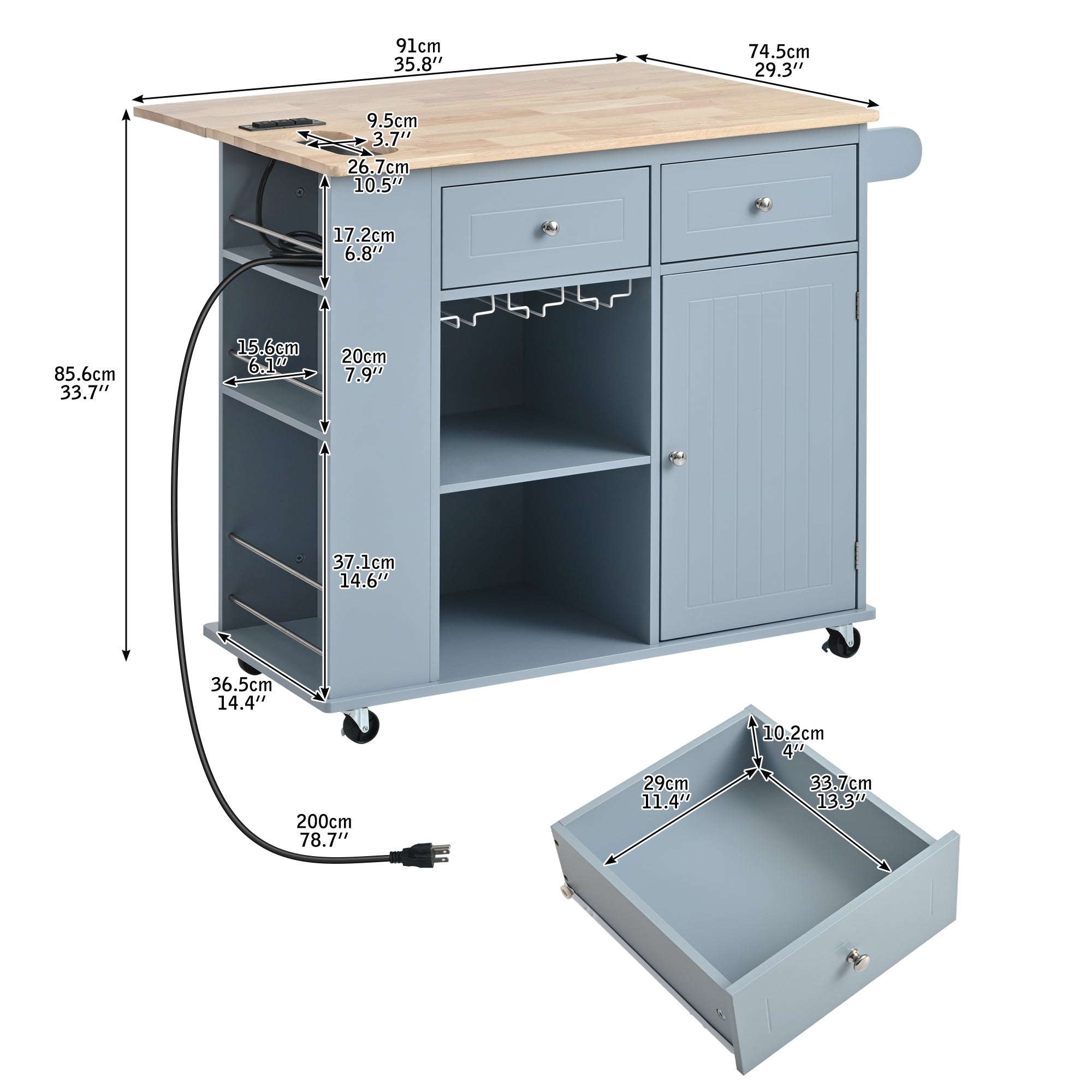 Kitchen Island with Power Outlet,Kitchen Storage Island with Drop Leaf and Rubber Wood,Open Storage and Wine Rack,5 Wheels,with Adjustable Storage for Home, Kitchen, and Dining Room, Grey Blue